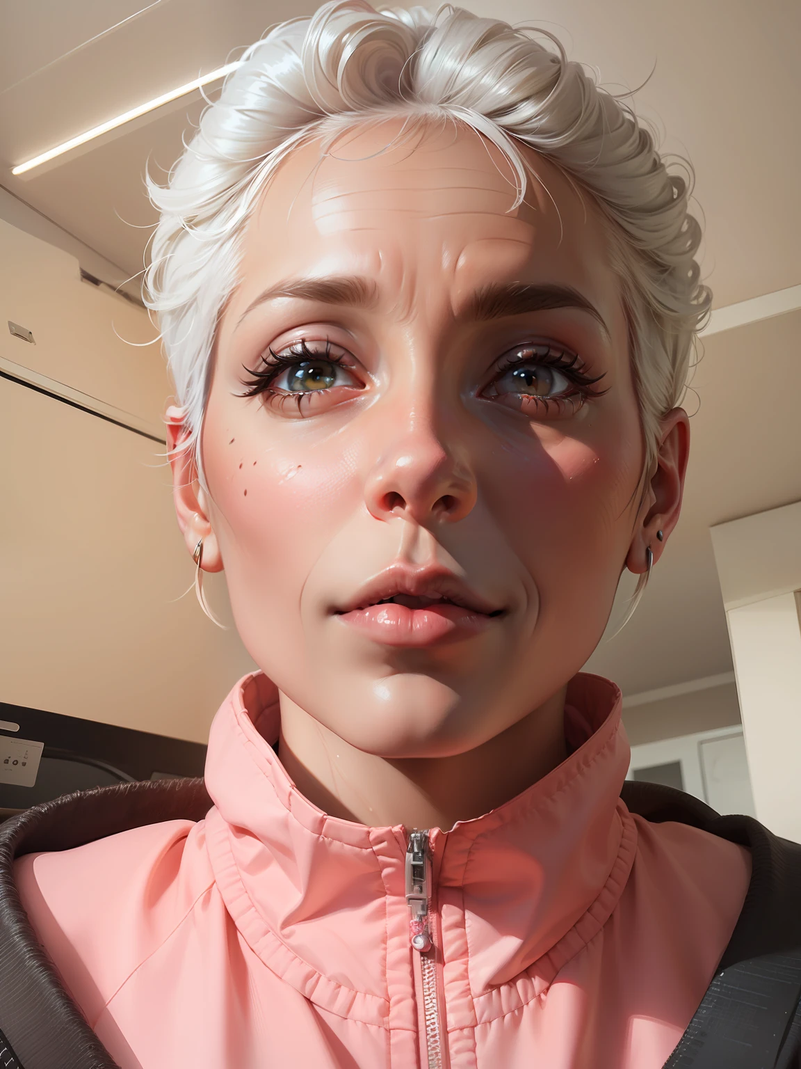 70-year-old woman with short, white hair and a red jacket staring into the camera, Wojtek FUS, Artgerm e Atey Ghailan, Arte digital altamente detalhada em 4k, Artgerm ; motor 3d irreal, retrato de personagem de closeup, stunning digital illustration, retrato impressionante do rosto do anime, CGSetivity Retrato, lindo pintura digital, painting digital adorable, arte de anime digital detalhada --auto