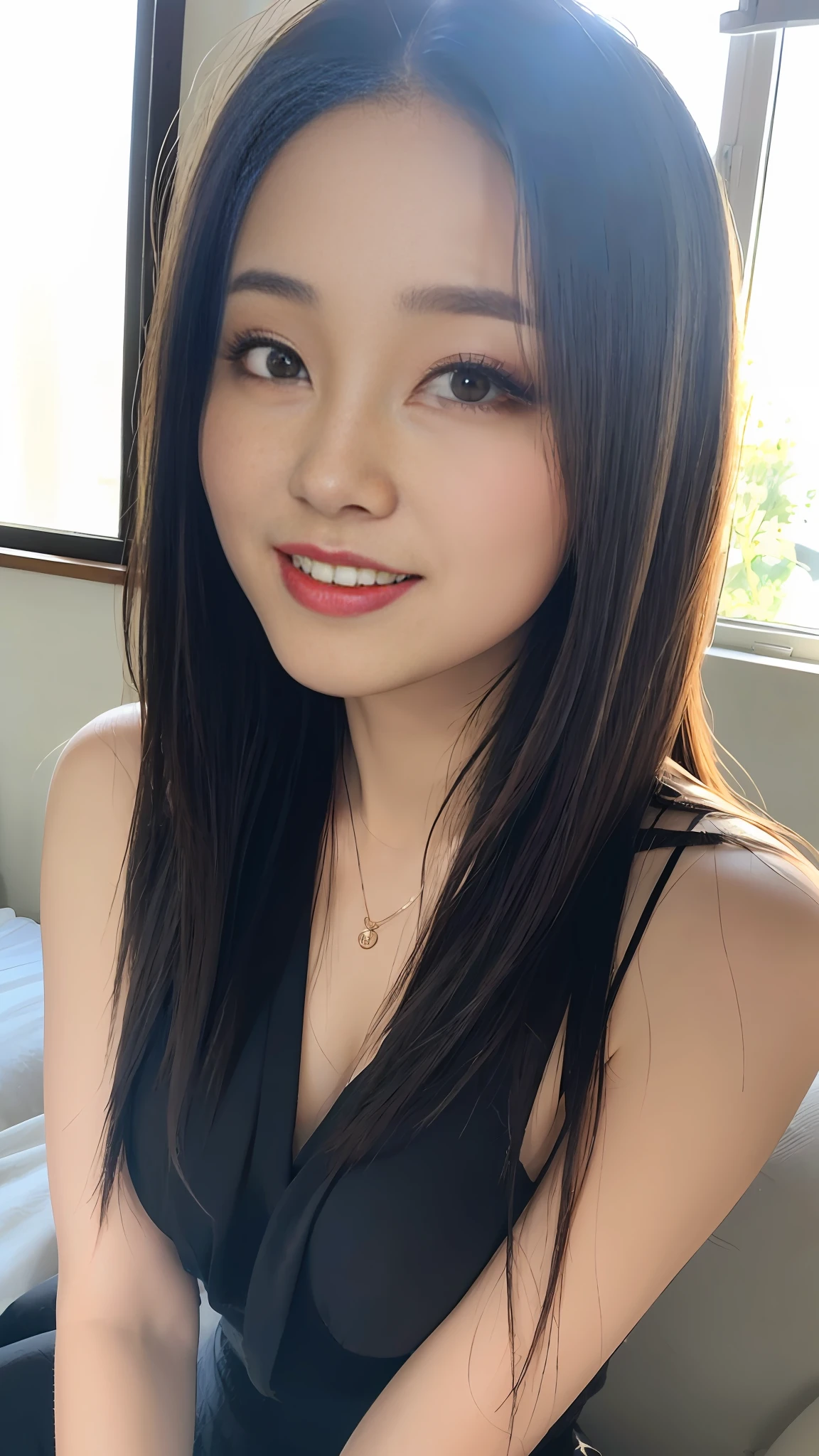 ((Best Quality, 8K, Masterpiece:1.3)), A beautiful girl, too, melon face, gentle and cute, sweet smile, pure desire, thin figure, (frontal), (tilted head), looking directly at the camera, uniform, obi, formal, black silky long straight hair, Long Hair, falling down the shoulders, round black big eyes, clear big eyes, water red lips, sweet, sitting on the bed, Sunlight, window background,