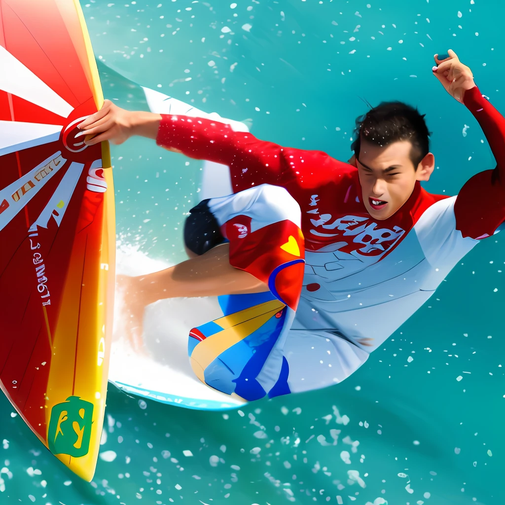(((Red and White radial rising sun pattern surfboard)))), ((Japan 11-year-old boy surfer))), aerial surfer with aerial board and board, action sport, action sports photography, surfing, wind and wave riding, surf photography, extreme sports photography, wipeout, wide angle dynamic action shot, profile picture, surfing barrel wave, surfing, dynamic action shots, Greg Lutowski, avatar images, jeremy bennett, profile picture, Kai Carpenter