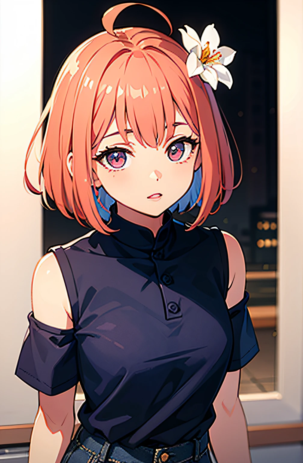 Gentle and attractive beautiful Chinese woman、half body photo、red hairs、bob、Ahoge、Delicate and sexy collarbone、charming oval face、双眼皮、Bright peach blossom eyes、Pink lips、a small nose、bare shoulder、Focused face、facial close-up、Ultra-high-resolutiondefinition、super detaill、Elegant standing position、Black polo shirt、High-waisted navy blue jeans suit and match