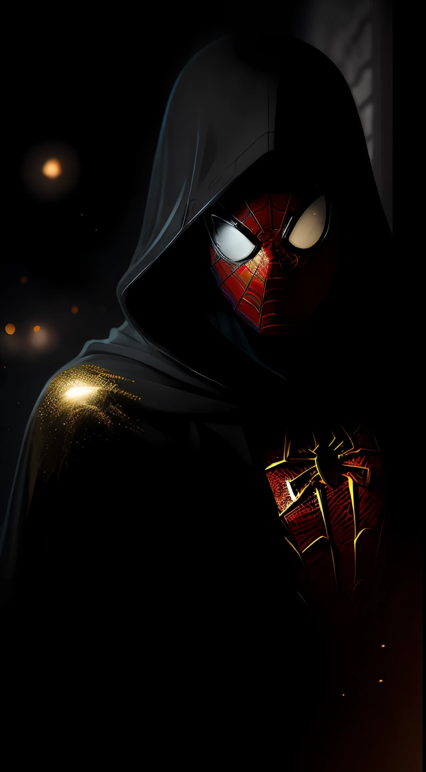 (Dark shot: 1.1), Epic Realistic, Gold Spider-Man in the dark with glowing eyes and glowing cape, soft cinematic light, Adobe Lightroom, photolab, HDR, intricated, Highly detailed, (dof: 1,4), hyper-detail (Artstation: 1,4), Cinematic, warm lights, Dramatic light (intricate detail: 1,1)