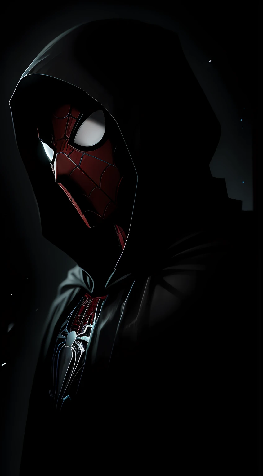 (Dark shot: 1.1), Epic Realistic, Cyborg Spider-Man in the dark with glowing eyes and glowing cape, soft cinematic light, Adobe Lightroom, photolab, HDR, intricated, Highly detailed, (dof: 1,4), hyper-detail (Artstation: 1,4), Cinematic, warm lights, Dramatic light (intricate detail: 1,1)