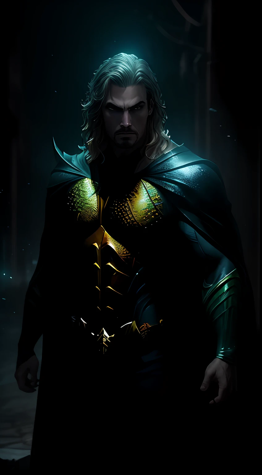 (dark shot: 1.1), epic realistic, Aquaman in the dark with glowing eyes and glowing cape, soft cinematic light, Adobe Lightroom, darkroom, HDR, intricate, highly detailed, (depth of field: 1.4), hyper-detail (artstation: 1.4), cinematic, warm light, dramatic light (complex details: 1.1)