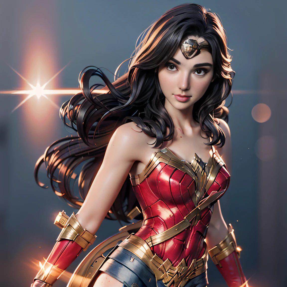 (Wonder Woman as a cute  girl), Gal Gadot, 3D, Masterpiece, Best Quality, High Details), (HDR, high dynamic range), octane render, high contrast, subsurface scattering, radiant light rays, realistic shadows, vibrant colors, 3DMM, gldot