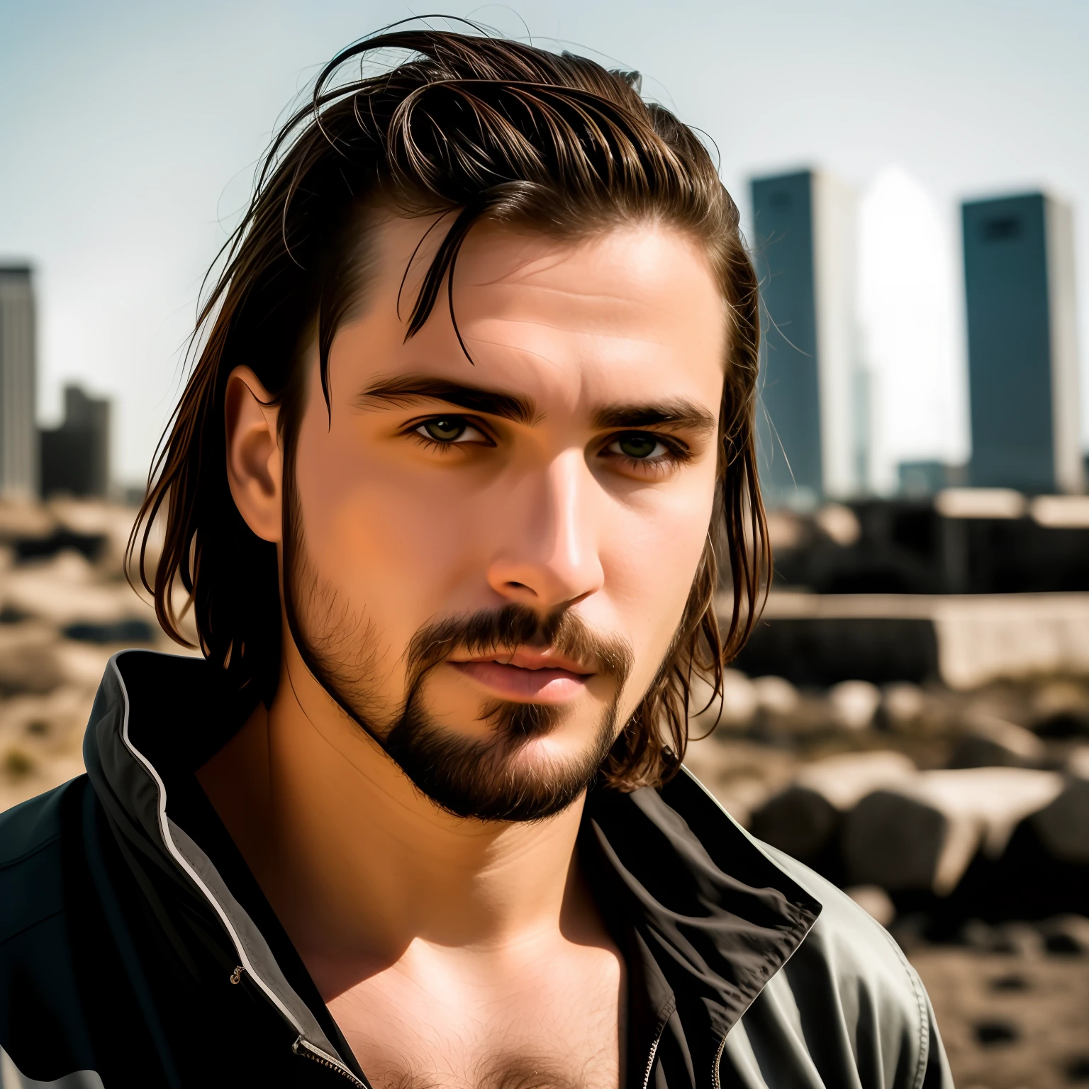 Um cara de 21 anos, 1.78, 73k, barba raspada, cabelo curto com um topete, cor do cabelo marrom, veste um sobretudo preto com uma camiseta amarela listrada de preta, olhos castanhos, Social pants, sapato social, e uma mochila branca com detalhes amarelos