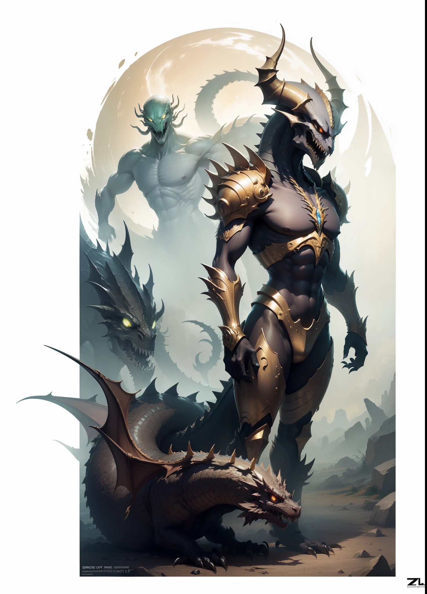 Emperor of the Universe, alien, dragon, Crown bone, Golden Tamings, (Zerg),  black and gold scales , High, claws, fangs, Thin, long arms and legs, hig quality, The Masterpiece