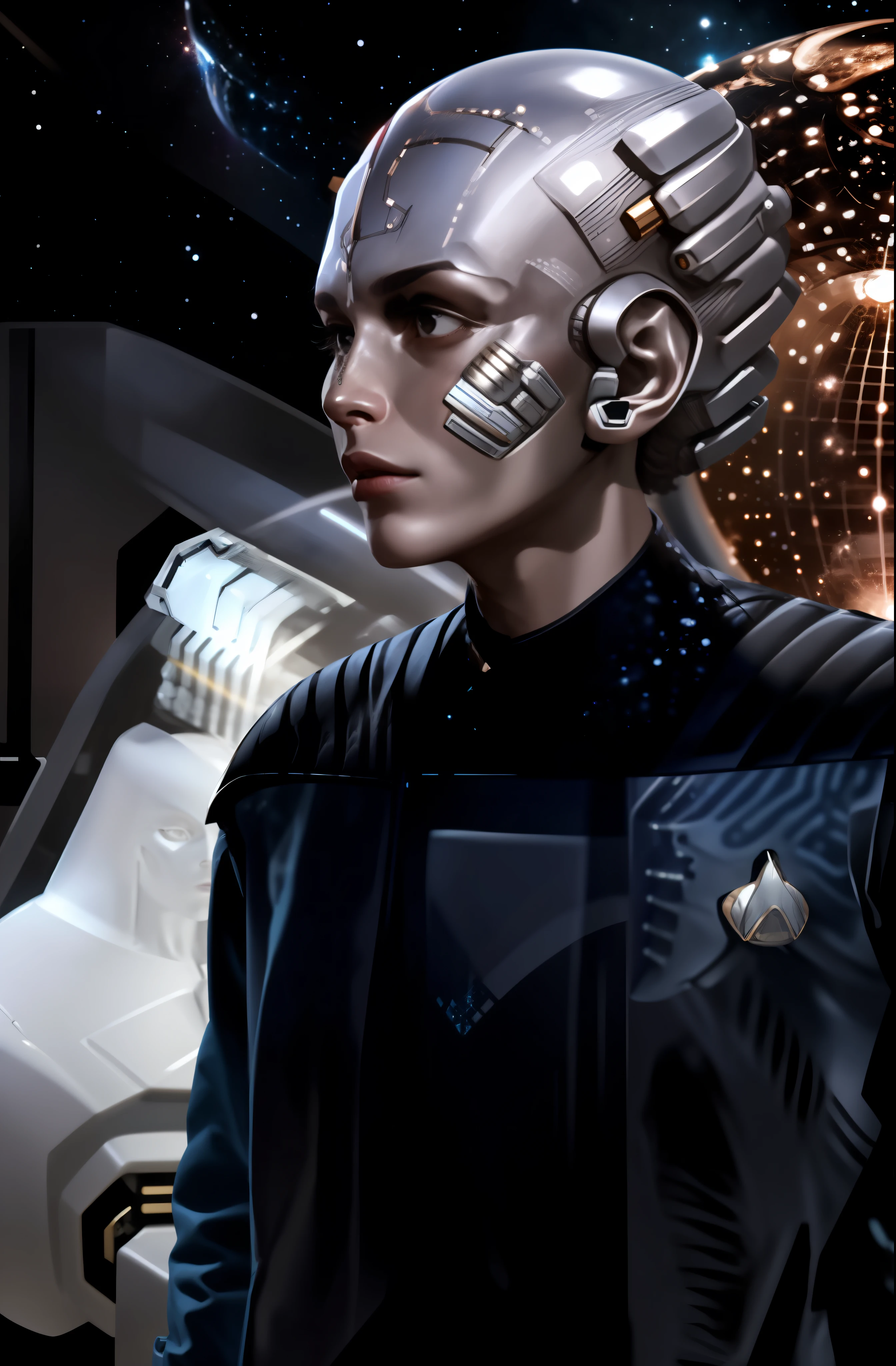 hyper detailed portrait with metallic indigo skin an alien white facial, s3sttngsuit uniform, symmetry detailed, extraterrestrial face:: completely earless, cosmic navigator vest:: futuristic background:: non-human white alien facial:: photo realistic, high detailed