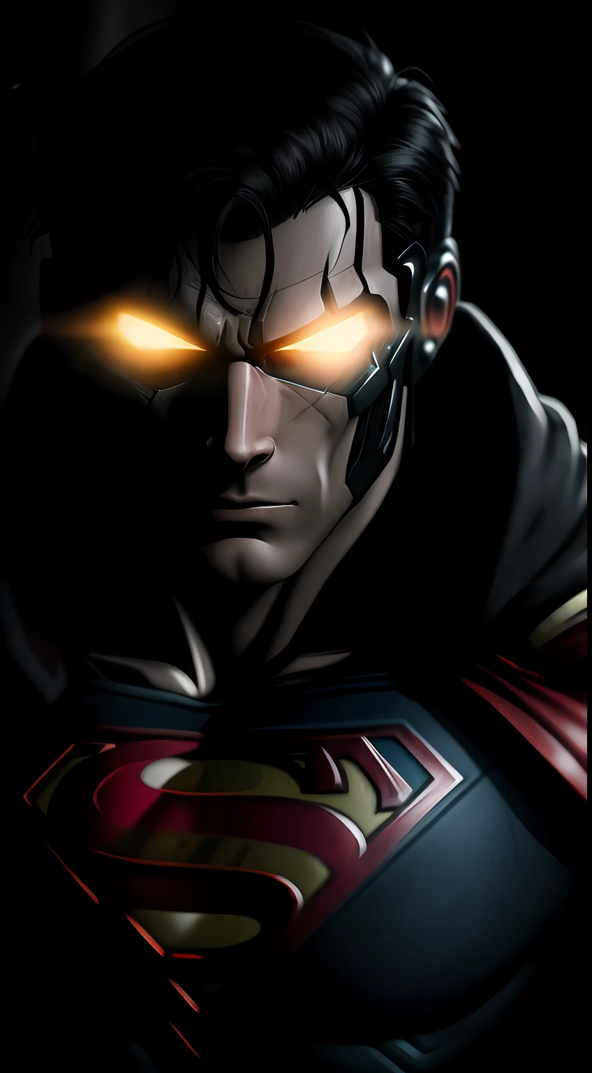 (dark shot: 1.1), epic realistic, Cyborg Superman in the dark with glowing eyes and glowing cape, soft cinematic light, Adobe Lightroom, darkroom, HDR, intricate, highly detailed, (depth of field: 1.4), hyper-detail (artstation: 1.4), cinematic, warm light, dramatic light (complex details: 1.1)