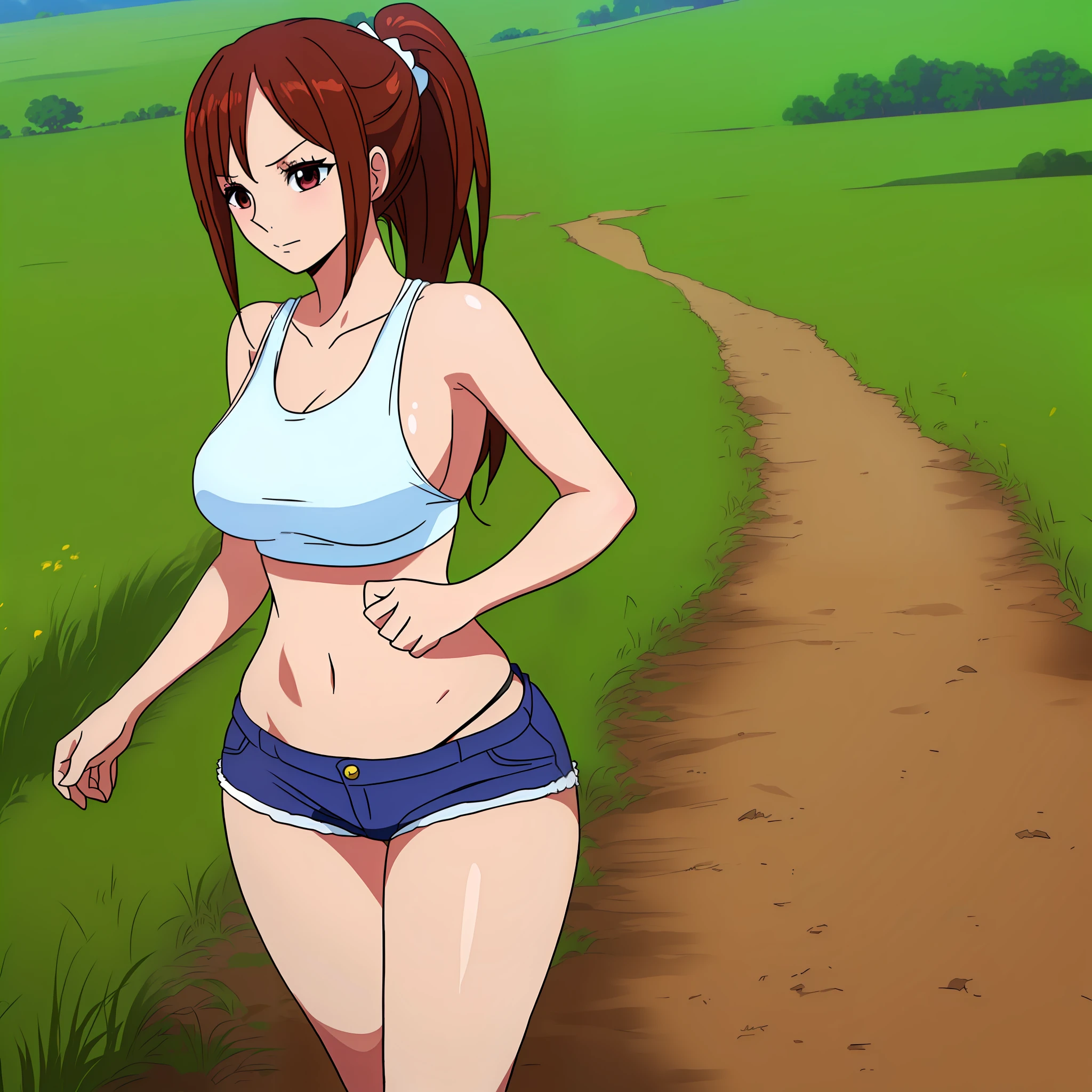 beautiful, (masterpiece:1.2), (best quality:1.2), perfect eyes, perfect face, perfect lighting, 1girl, ass, black panties, breasts, brown hair, crop top, cutoffs, highleg, highleg panties, long hair, median furrow, large breasts, panties, ponytail, short shorts, shorts, sideboob, simple background, solo, tank top, thighs, thong, underboob, underwear, field, grass, walkway, huge ass, wide hips, arms at side