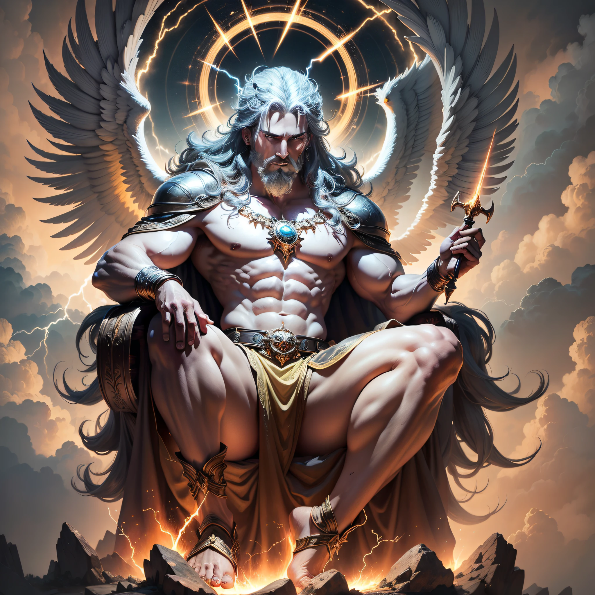 An epic image depicting Zeus, o rei dos deuses gregos, em todo o seu esplendor. He is sitting on his heavenly throne, holding a lightning bolt in his hand, com um olhar imponente e majestoso. Ao seu redor, Charged clouds and lightning illuminate the scenery, Transmitting His Divine Strength.