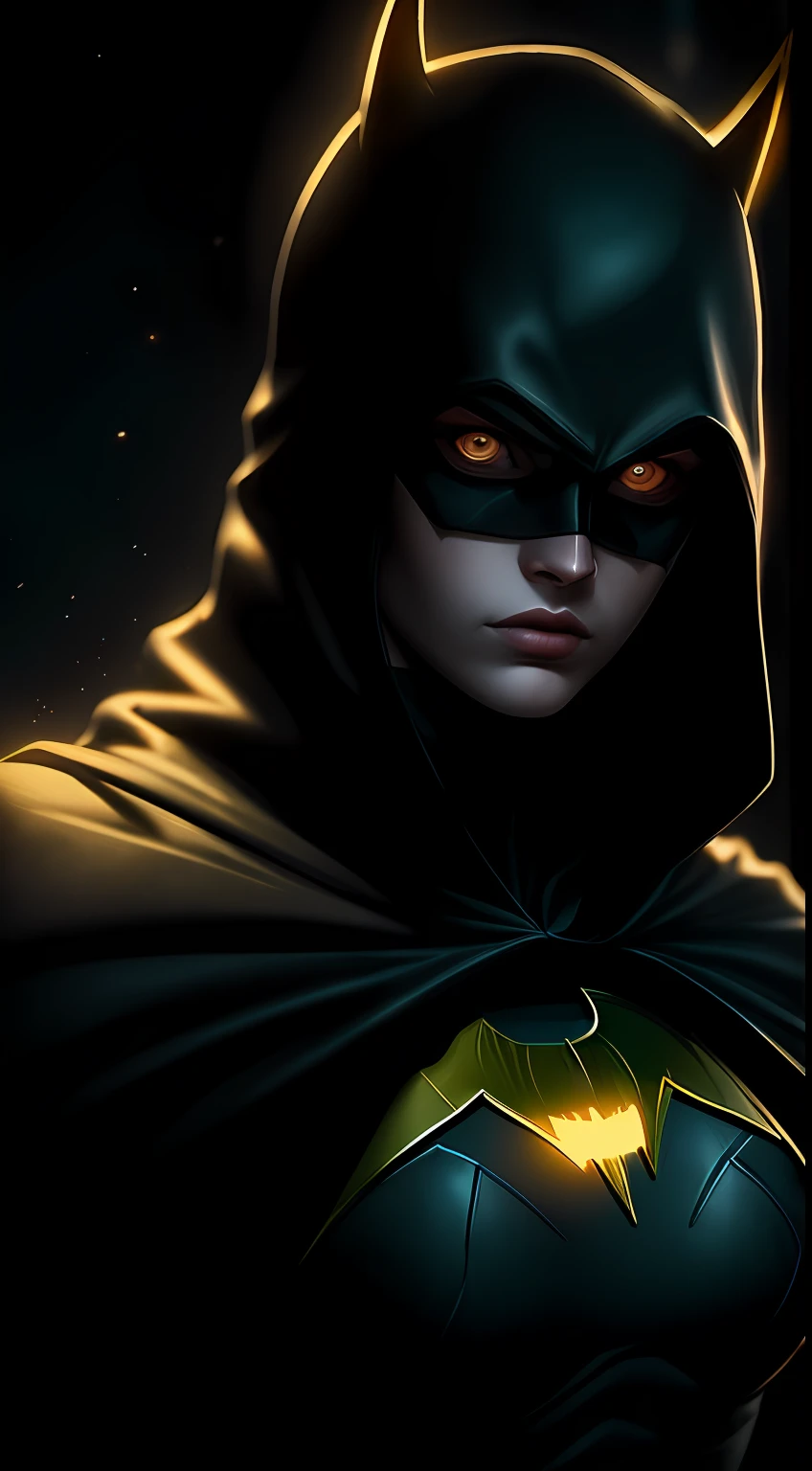 (Dark shot: 1.1), Epic Realistic, Gold Batgirl in the dark with glowing eyes and glowing cape, soft cinematic light, Adobe Lightroom, photolab, HDR, intricated, Highly detailed, (dof: 1,4), hyper-detail (artstation: 1,4), cinematic, warm lights, Dramatic light (intricate details: 1,1)