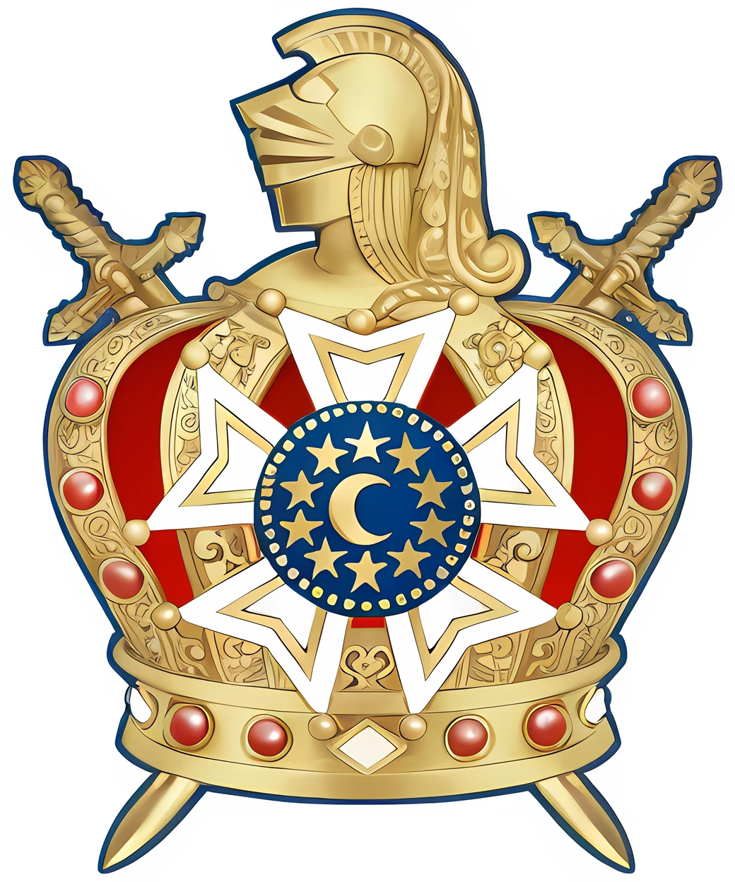 um capacete dourado com duas espadas e uma estrela no topo, royal insignia in background, imperial symbol, inspirado em Pedreiros Keos,, Sociedade Secreta do Imperador, masonic, com cetro e coroa, por Pedreiros Keos, insignia, Directed by: Cedric Seaut (Pedreiros Keos), Emblema da Sabedoria, freemasons, masonic symbols, melhorar qualidade --auto