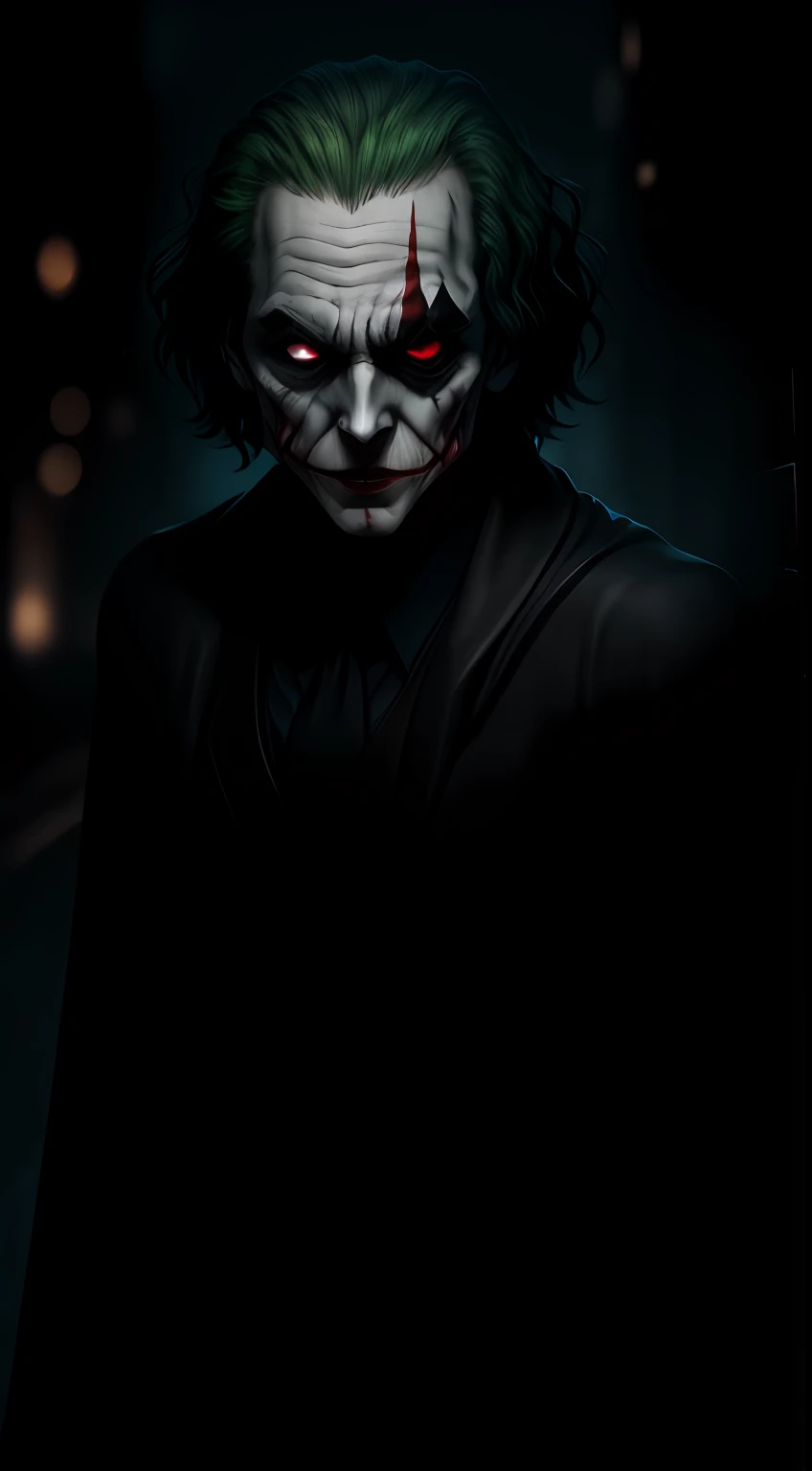 (dark shot: 1.1), epic realistic, Joker in the dark with glowing eyes and glowing cape, soft cinematic light, Adobe Lightroom, darkroom, HDR, intricate, highly detailed, (depth of field: 1.4), hyper-detail (artstation: 1.4), cinematic, warm light, dramatic light (complex details: 1.1)