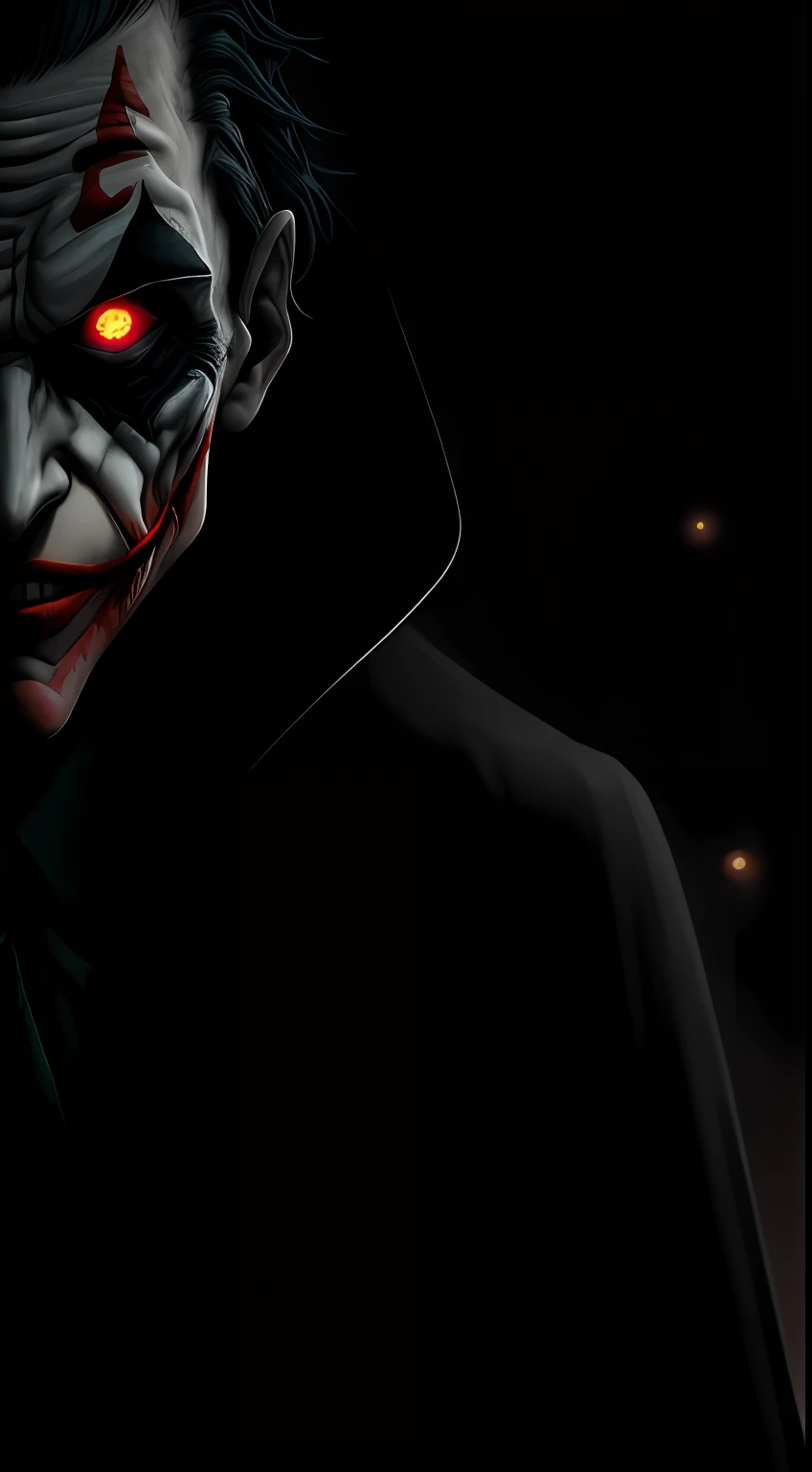 (dark shot: 1.1), epic realistic, Joker in the dark with glowing eyes and glowing cape, soft cinematic light, Adobe Lightroom, darkroom, HDR, intricate, highly detailed, (depth of field: 1.4), hyper-detail (artstation: 1.4), cinematic, warm light, dramatic light (complex details: 1.1)