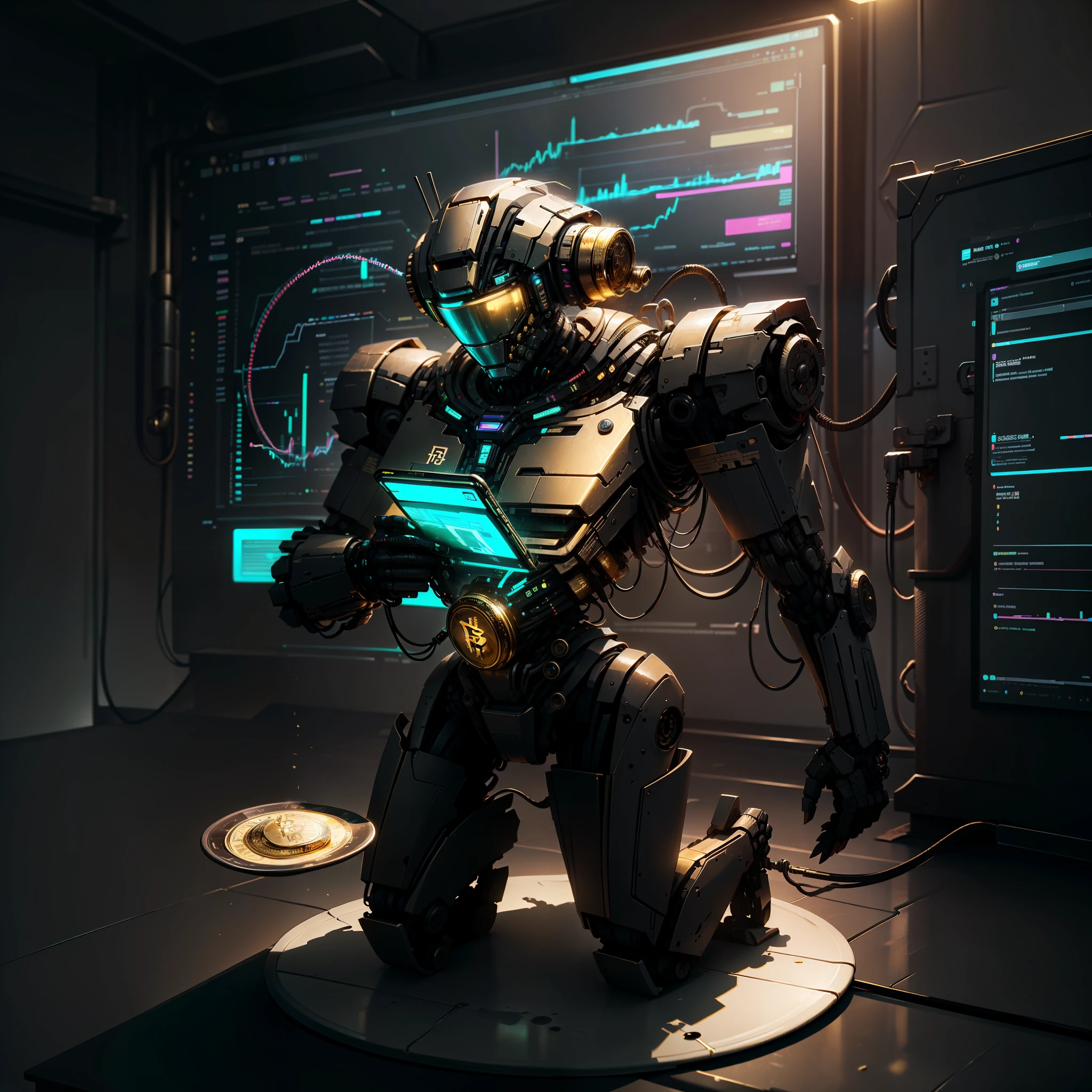 The black robot with micro hoses running gold inside them , Seu rosto fino com olhos luminosos azuis, holding a coffee chicara and a plate full of Bitcoin gold coins, a 3d animation in the background of the image, a big screen featuring financial market and crypto charts, investidor