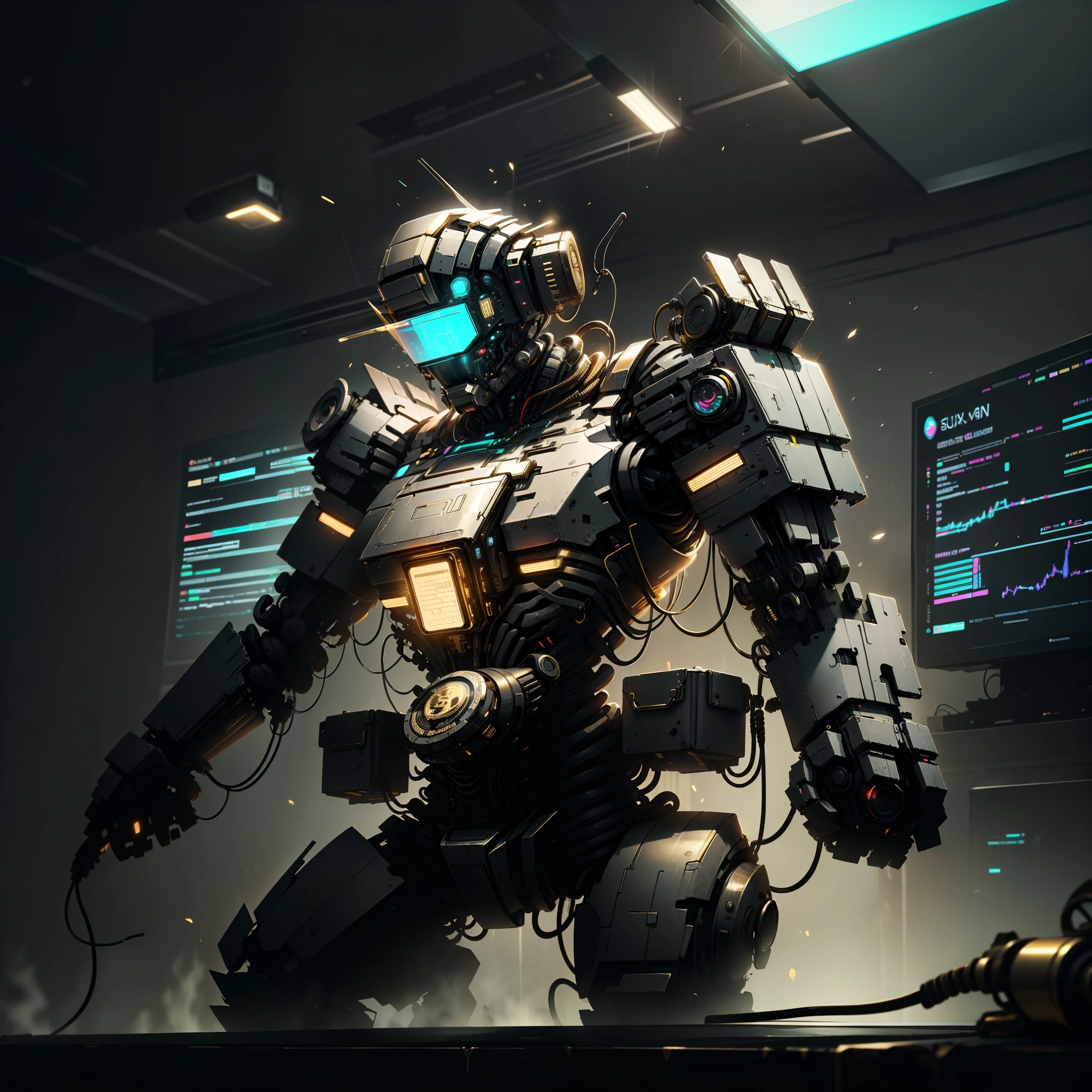 The black robot with micro hoses running gold inside them , Seu rosto fino com olhos luminosos azuis, holding a coffee chicara and a plate full of Bitcoin gold coins, a 3d animation in the background of the image, a big screen featuring financial market and crypto charts, investidor