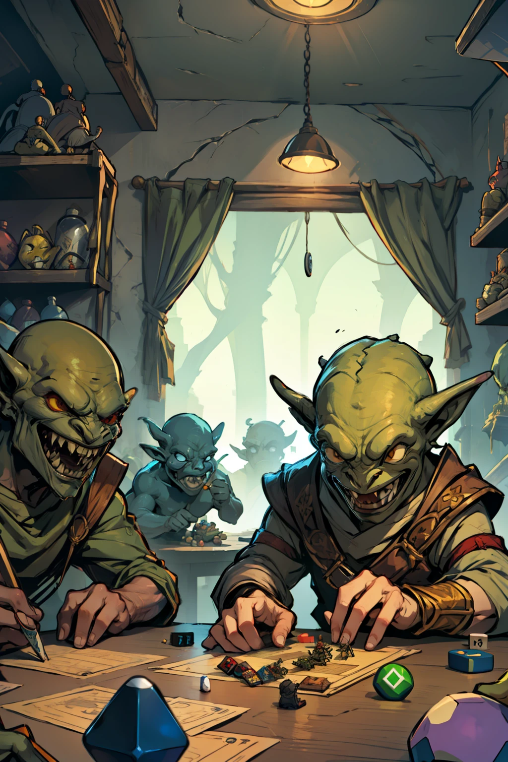 A crew of goblins playing rpg on a table, rolling dices,