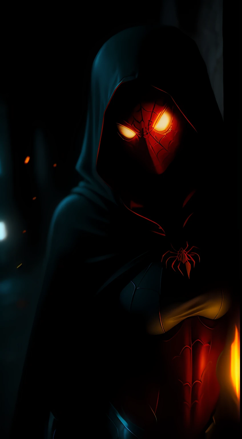 (dark shot: 1.1), epic realistic, Sexy Spider-Woman in the dark with glowing eyes and glowing cape, soft cinematic light, Adobe Lightroom, darkroom, HDR, intricate, highly detailed, (depth of field: 1.4), hyper-detail (artstation: 1.4), cinematic, warm light, dramatic light (complex details: 1.1)