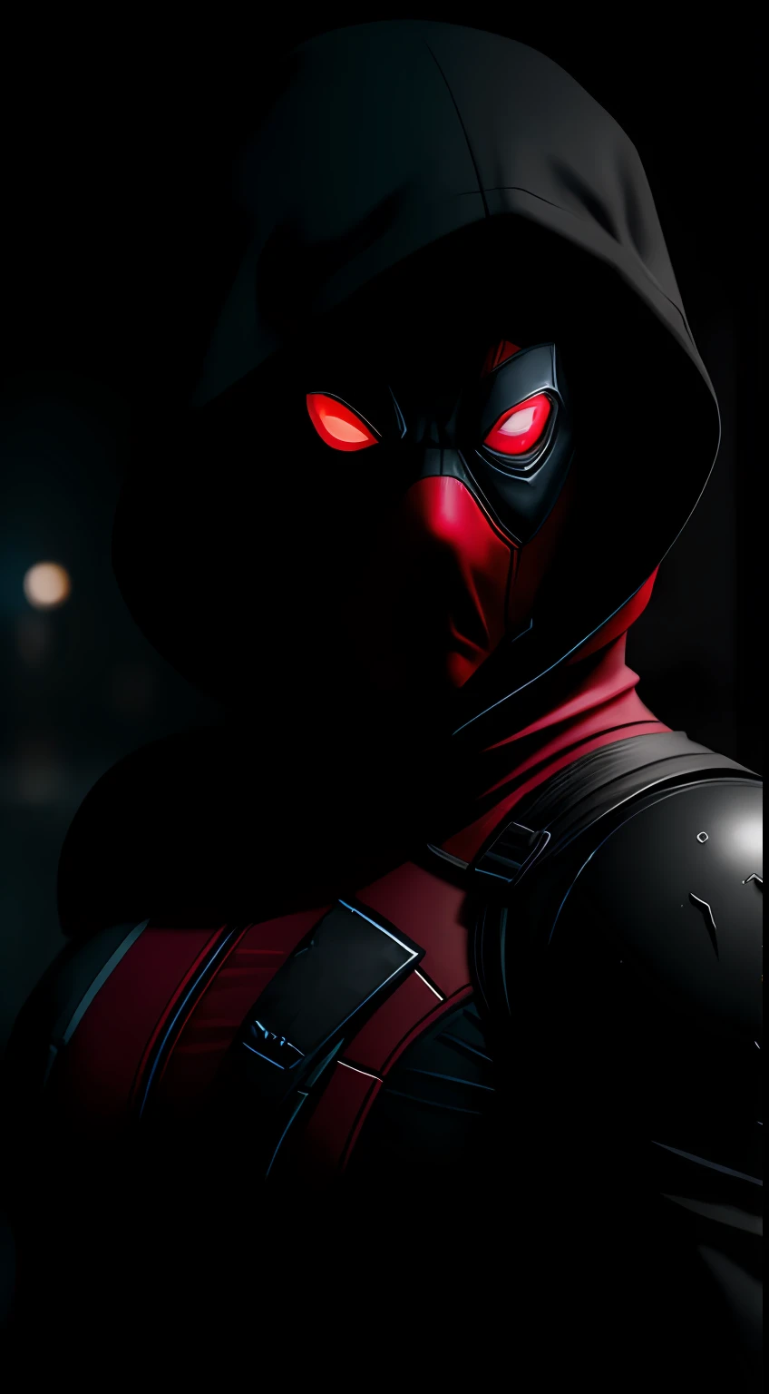 (Dark shot: 1.1), Epic Realistic, Woman dressed as Deadpool in the dark with glowing eyes and glowing cape, soft cinematic light, Adobe Lightroom, photolab, HDR, intricated, Highly detailed, (dof: 1,4), hyper-detail (Artstation: 1,4), Cinematic, warm lights, Dramatic light (intricate detail: 1,1)
