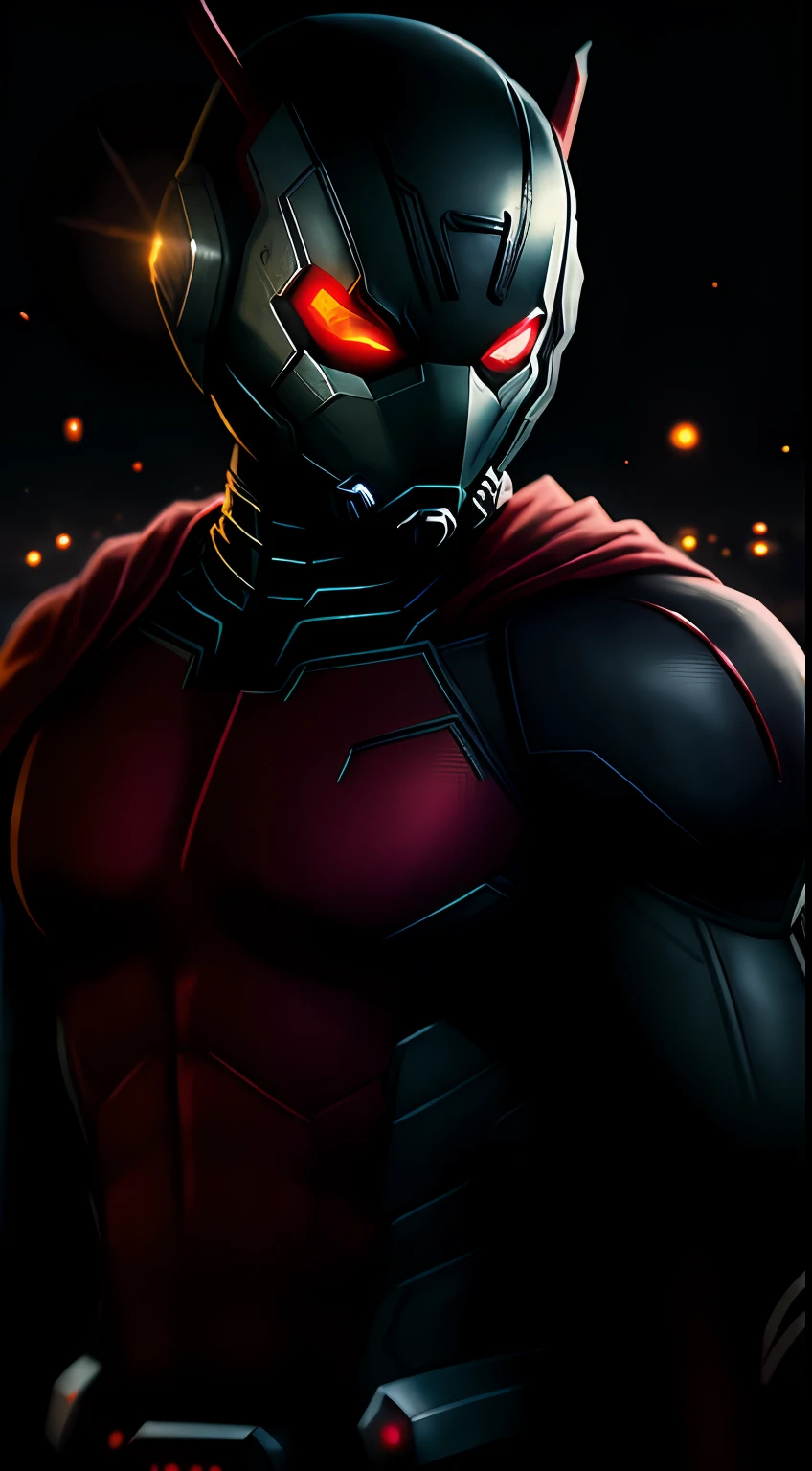 (Dark shot: 1.1), Epic Realistic, Woman dressed as Ant-Man in the dark with glowing eyes and glowing cape, soft cinematic light, Adobe Lightroom, photolab, HDR, intricated, Highly detailed, (dof: 1,4), hyper-detail (Artstation: 1,4), Cinematic, warm lights, Dramatic light (intricate detail: 1,1)