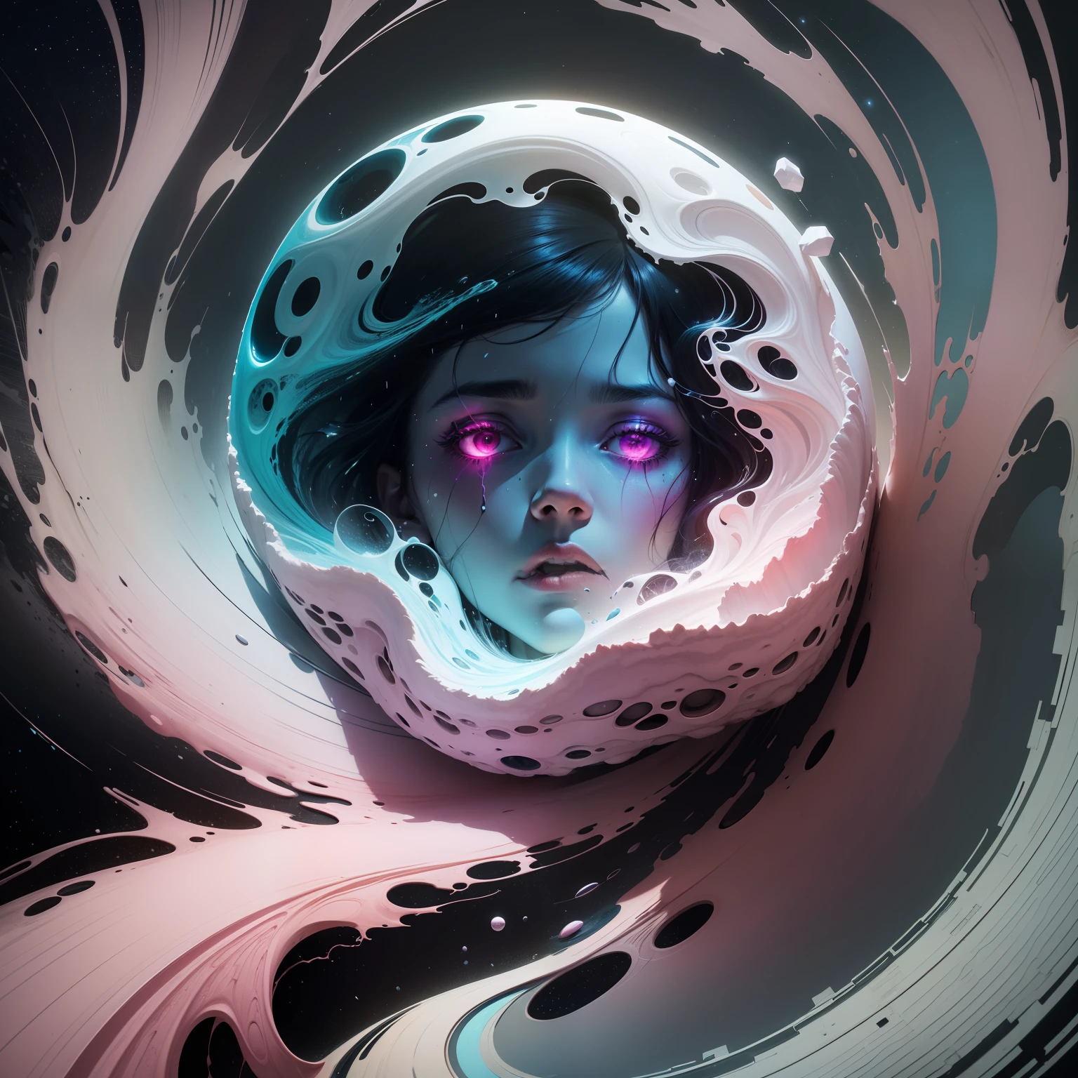 Alberto Seveso's art, complex and intricate, of an astronaut lost remotely in space in a fragmented space, where he breaks into a rain of gullies, space-time reality effect style, glowing black coloring marking the depth and existing darkness , striking and deep colors to mark the rain of stars, deep lines, heavy strokes