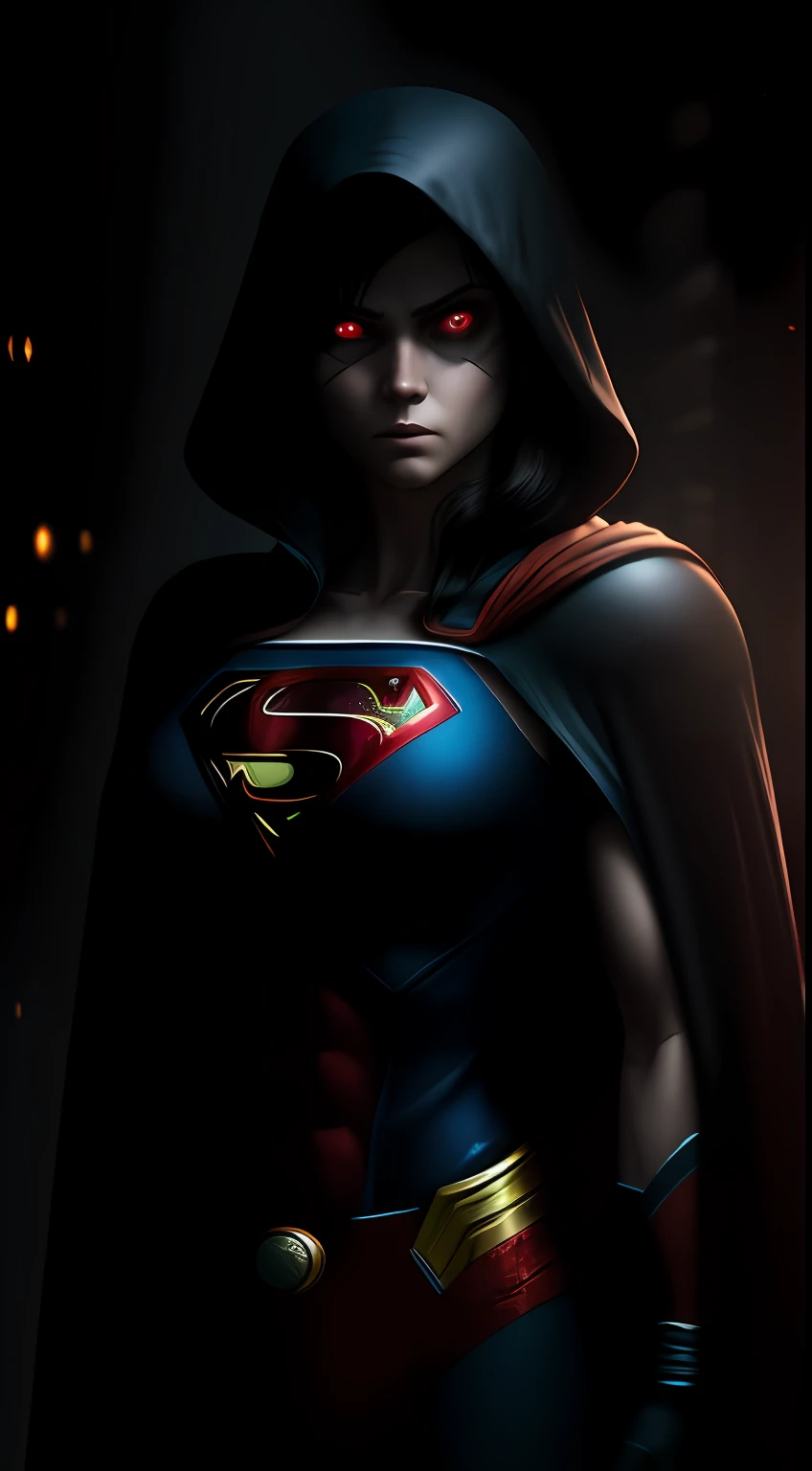 (Dark shot: 1.1), Epic Realistic, Woman dressed as Superman in the dark with glowing eyes and glowing cape, soft cinematic light, Adobe Lightroom, photolab, HDR, intricated, Highly detailed, (dof: 1,4), hyper-detail (Artstation: 1,4), Cinematic, warm lights, Dramatic light (intricate detail: 1,1)