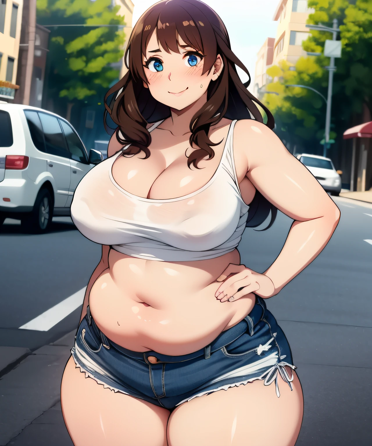 ((kipteitei art)), masterpiece, high quality, best quality, beautiful, hd, perfect lighting, detailed face, detailed body, 1 woman, solo, (Brown curly long hair), blue eyes, big breasts, cleavage, perky breasts, wide hips, thick thighs, (chubby), ((chubby belly)), muffin top, belly hang, (white crop top), covered, short shorts, (tight shorts), (blush), smile, (morning), street in the background, sexy pose,