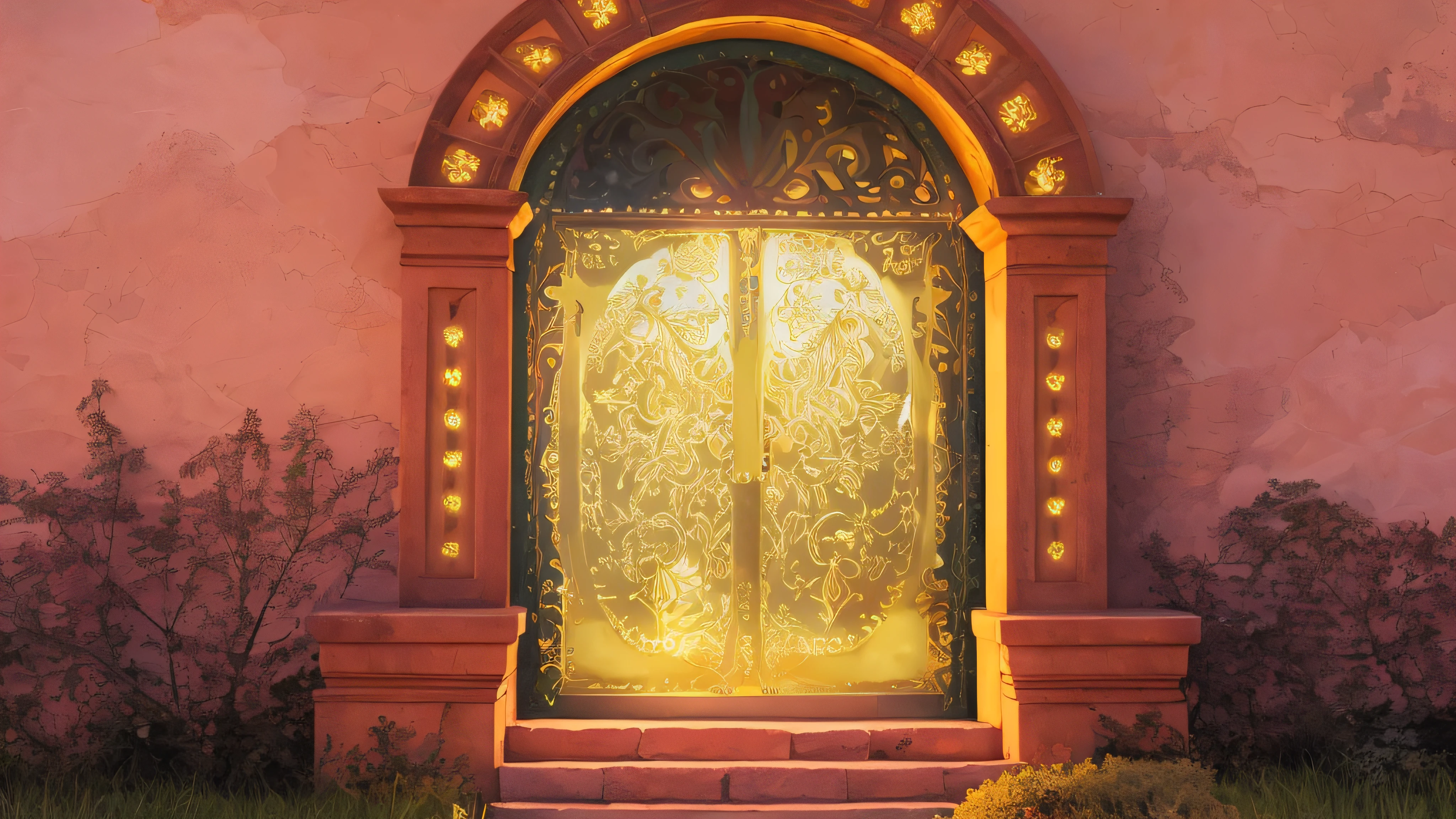 doorway with a gold painting on it in front of a pink building, gold gates of heaven!!!!!!!!, massive decorated doors, bright light masterpiece, it glows from the outside, holy glow, jen bartel, light kingdom backdrop, tall golden heavenly gates, doors that are cosmic portals, opening a shining portal, beatifully lit, epic illumination, wonderful masterpiece, golden light --auto