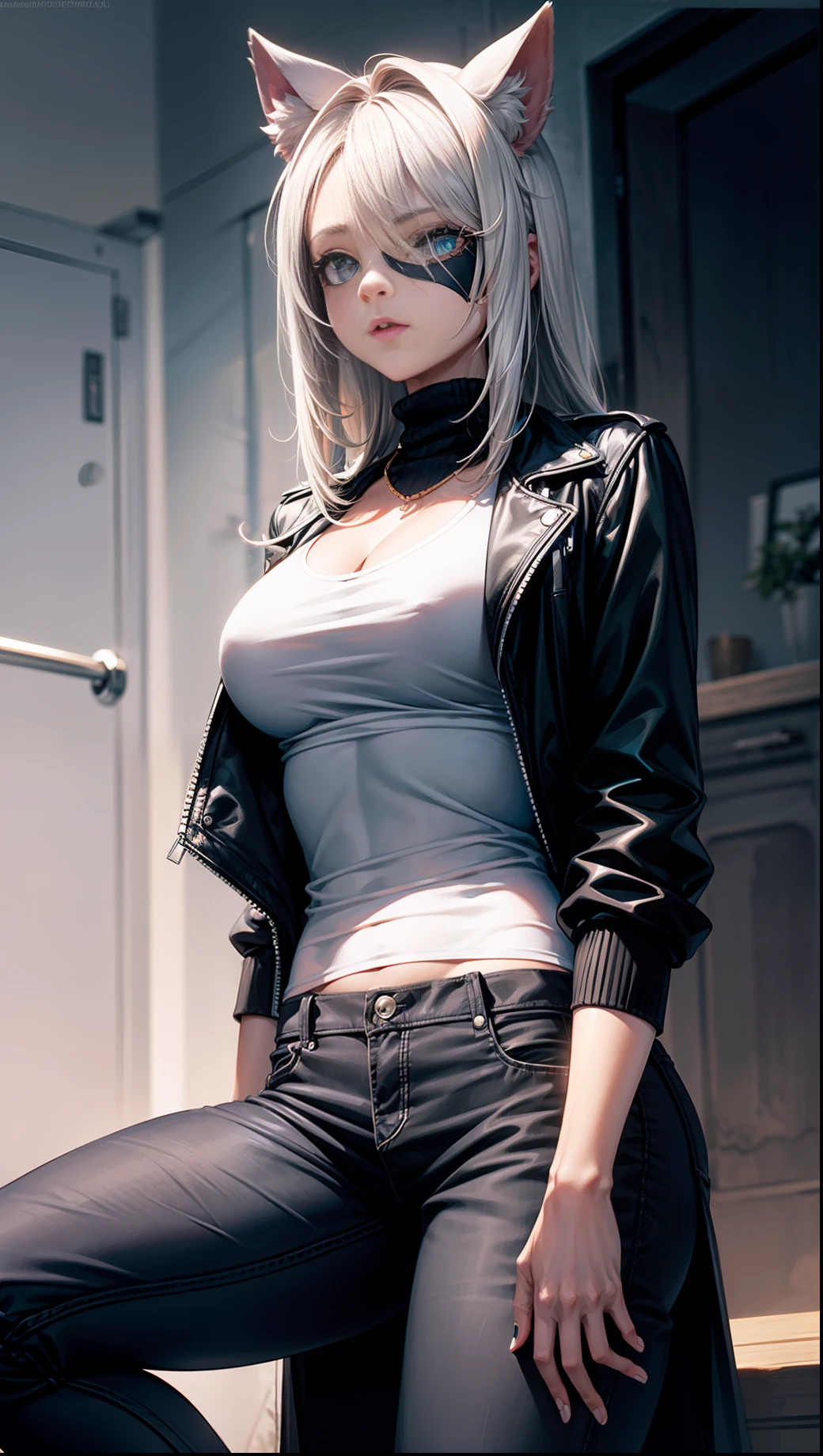 ((furry art)), Femenina, una persona, pelaje esponjoso, chica bonita, cabello blanco y negro, cabello largo y en volumen, orejas largas y peludas, {Especie:(zorro blanco)} , ojos negros, ojos grandes, {Ropa:(casual, ropa oscura)}, cuerpo cuidado, pechos grandes