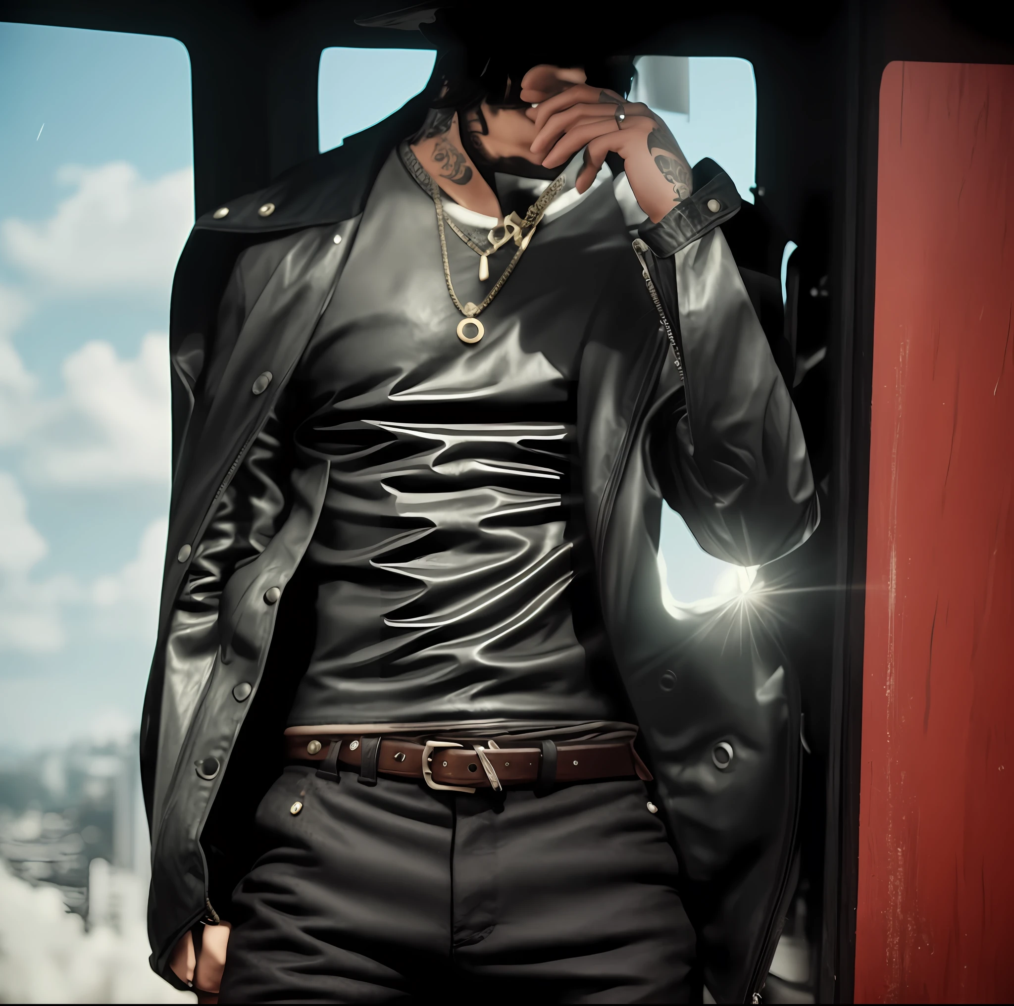 there is a man with tattoos on his arms and a leather jacket, IMVU, avatar da parte superior do corpo, Avatar do Second Life, inspirado em Gang Se-hwang, inspirado em Sebastian Vrancx, one-room scenario, janela para a rua com muita chuva, (chuva realista) inspirado em Aleksander Gine, inspirado em Ren Bonian, camisa cinza:: Very high detail, macho malvado desonesto, (RAW foto: 1.2), (fotorrealista: 1.4), (detalhes intrincados: 1.2), (obra-prima: 1.3), (melhor qualidade: 1.4), (ultra highres: 1.2), cinema light, ultra alta realista, (olhos detalhados), (features detailed facials), (detailed features of the outfit),HDR, 8k resolution, (extreme detailed illustration), (extreme detailed illustration), retrato de corpo inteiro, lente de 50mm, abertura f/4, (super detalhe), 8mm film grain