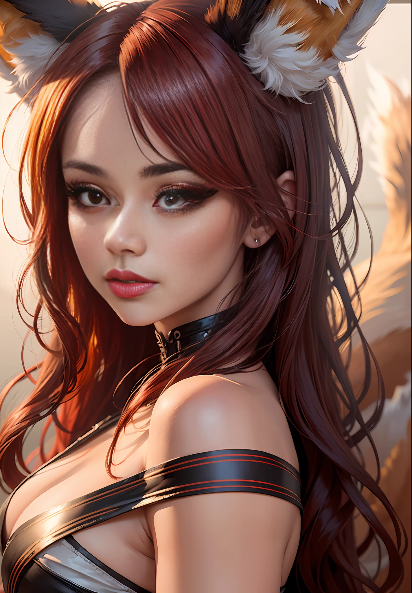 (Masterpiece, 4k resolution, ultra-realistic, very detailed), 1 girl, fox ears, fox girl, (multiple fox tails:1.5), sidelocks, brown hair, very long hair, bangs, (red eyes1.6), (red eyeliner:1.6), beautiful goddess woman, 40 years old,