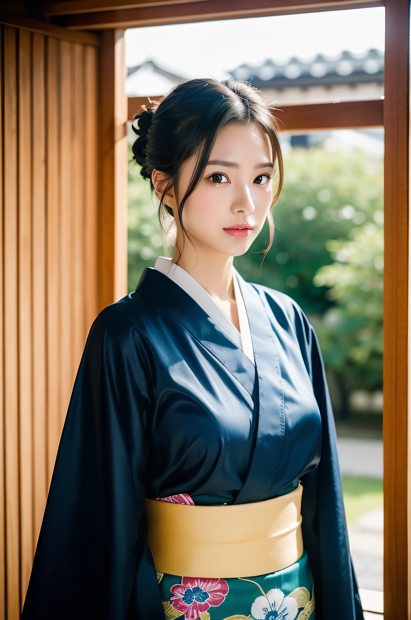 ((Best Quality, 8K, Masterpiece: 1.3)), Sharp Focus: 1.2, (Super Beautiful Face: 1.0), (Slender Abs Beauty: 1.0), (Shiny Skin: 1.0), Realistic Photography, Black Hair, Realistic Pupils, Video Lighting, High Definition Eyes and Face, Video Lighting, (Cowboy Shot: 1.3), (Kimono, Hakama, Obi: 1.4), (Korean Cute Actress), Traditional Kimono, Front Off, Big