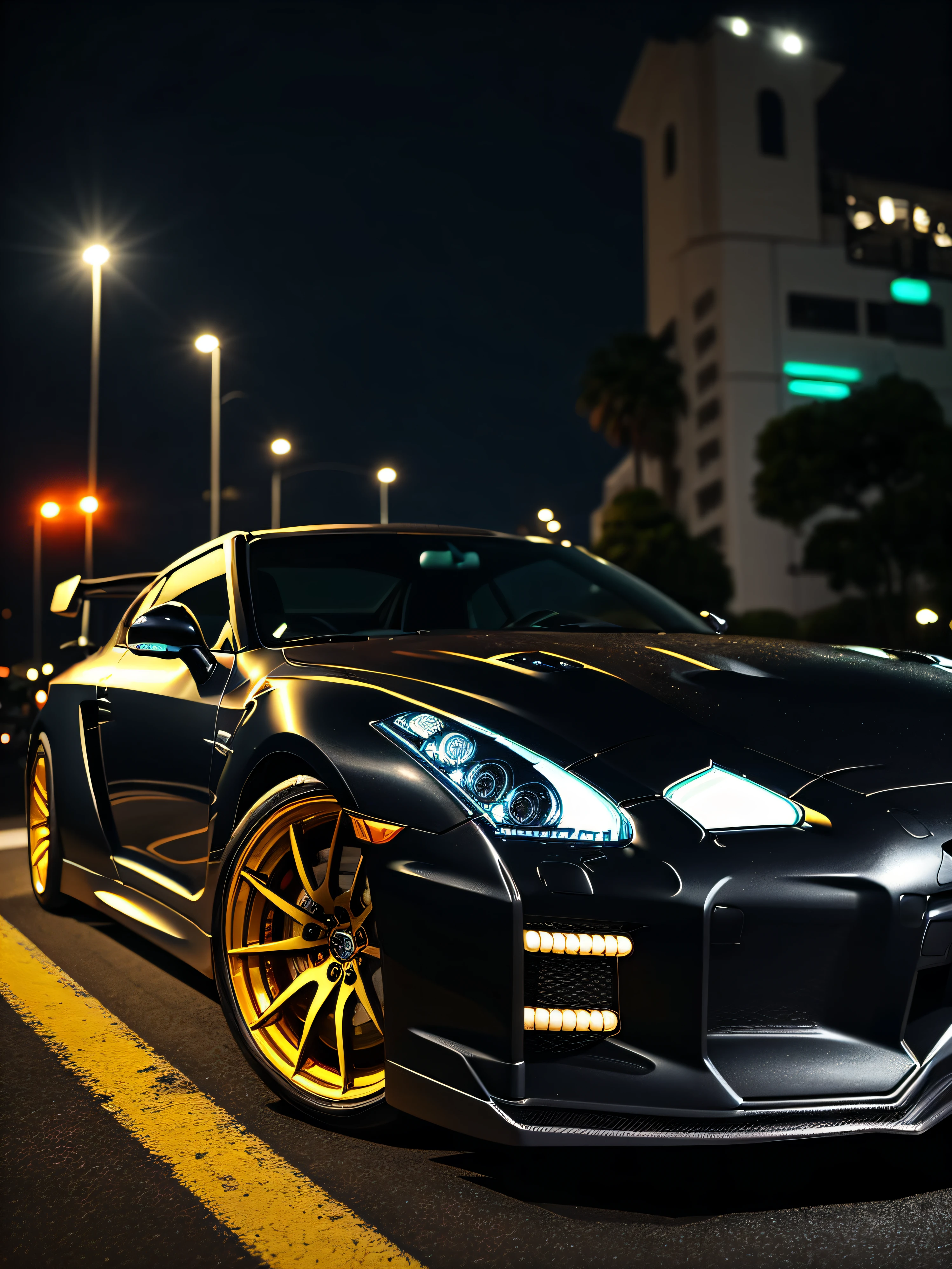 um gtr , preto com dourado com neon preto , com uma estada e o ceu estrelado --auto
