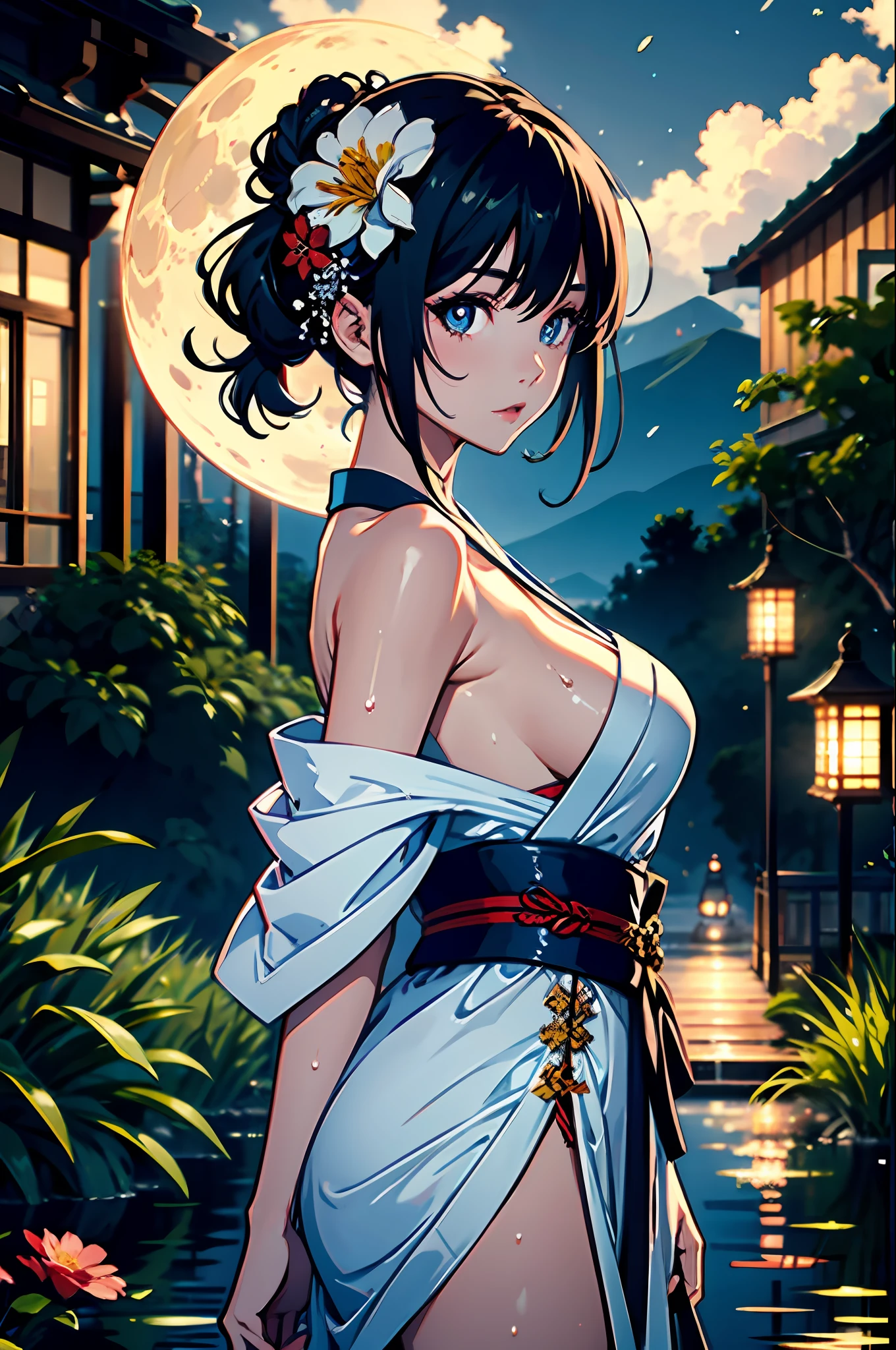 1girl, , moon, lantern, night, solo, large breastsornament, wet, kimono, japanese clothes, wading, water, hair flower, flower, outdoors, sky, full moon, rain, black hair, off shoulder, mountain, cloud, holding, sash, bare shoulders, paper lantern, standing, white kimono, night sky, sideboob, obi, wet clothes, bangs, tree, from side, reflection, short hair, cloudy sky, wet hair (((masterpiece),(extremely detailed CG unity 8k wallpaper),best quality,,solo,1girl,cinematic lighting,detailed background,beautiful detailed eyes,bright pupils, (an extremely delicate and beautiful),(Beautiful and detailed eye description), ultra-detailed,masterpiece,)),