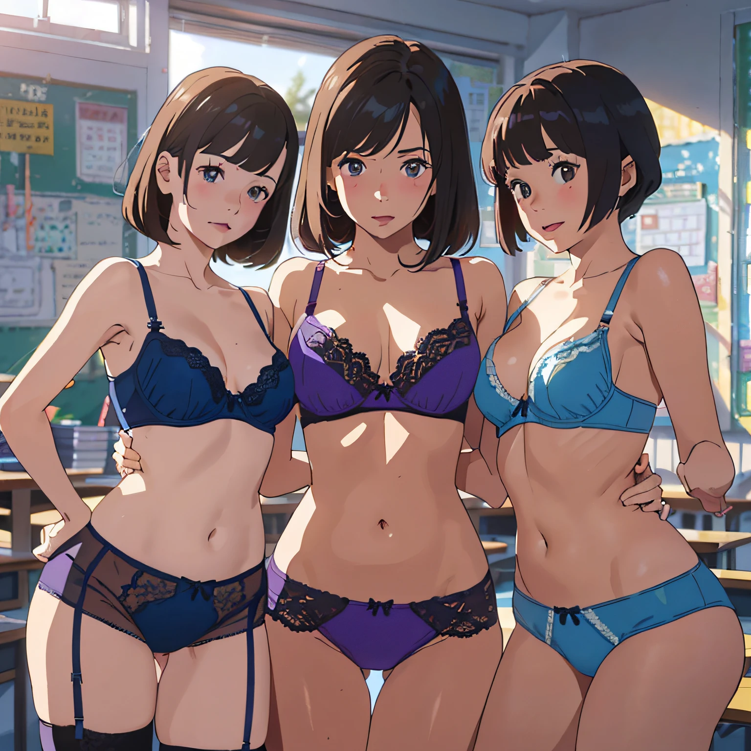 Unbelievably ridiculous)))、((absurdist))、Anime style、(one adult female teacher and three boys),Standing together in the park,With one female teacher3Male elemengether、((Female teacher in lingerie))、((Pante)),((bura))、an lingerie、3Male elementary school students wearock:1.2),bob cuts, ponie tail、Neon cord armpit height bra、 T-Back Shorts、Purple × Blue Bra、Purple × blue underwear、Orange bra、Orange underwear、Red underwear、Red underwear、Blue Bra、blue undergarments、Longhaire、Natural lighting,(Female teacher without skirt),(Female teacher without blouse), --auto --s2