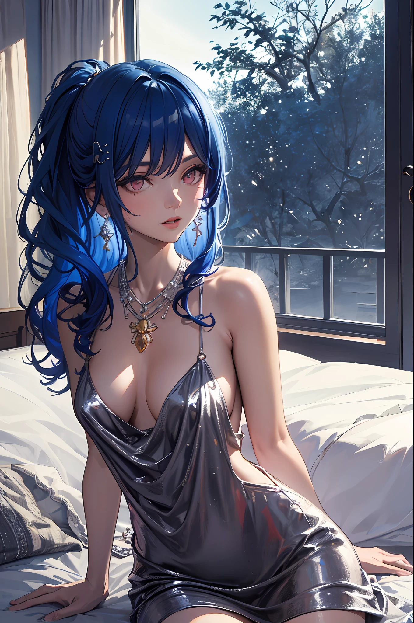((Masterpiece, Best Quality)), St. Louis \(Luxury Wheels) \(Azure Lane), High resolution, highest quality, illustration, cinematic light, super detailed, detailed face, (detailed eyes), best quality, ultra detailed, masterpiece, (detailed face), room, hair accessory, earrings, necklace, portrait, silver dress, revealing clothes, highest detail, glowing eyes, (hotel:1.2), sitting on bed, sitting, bed, window, night sky, backlight, light, (high contrast), (color), bare