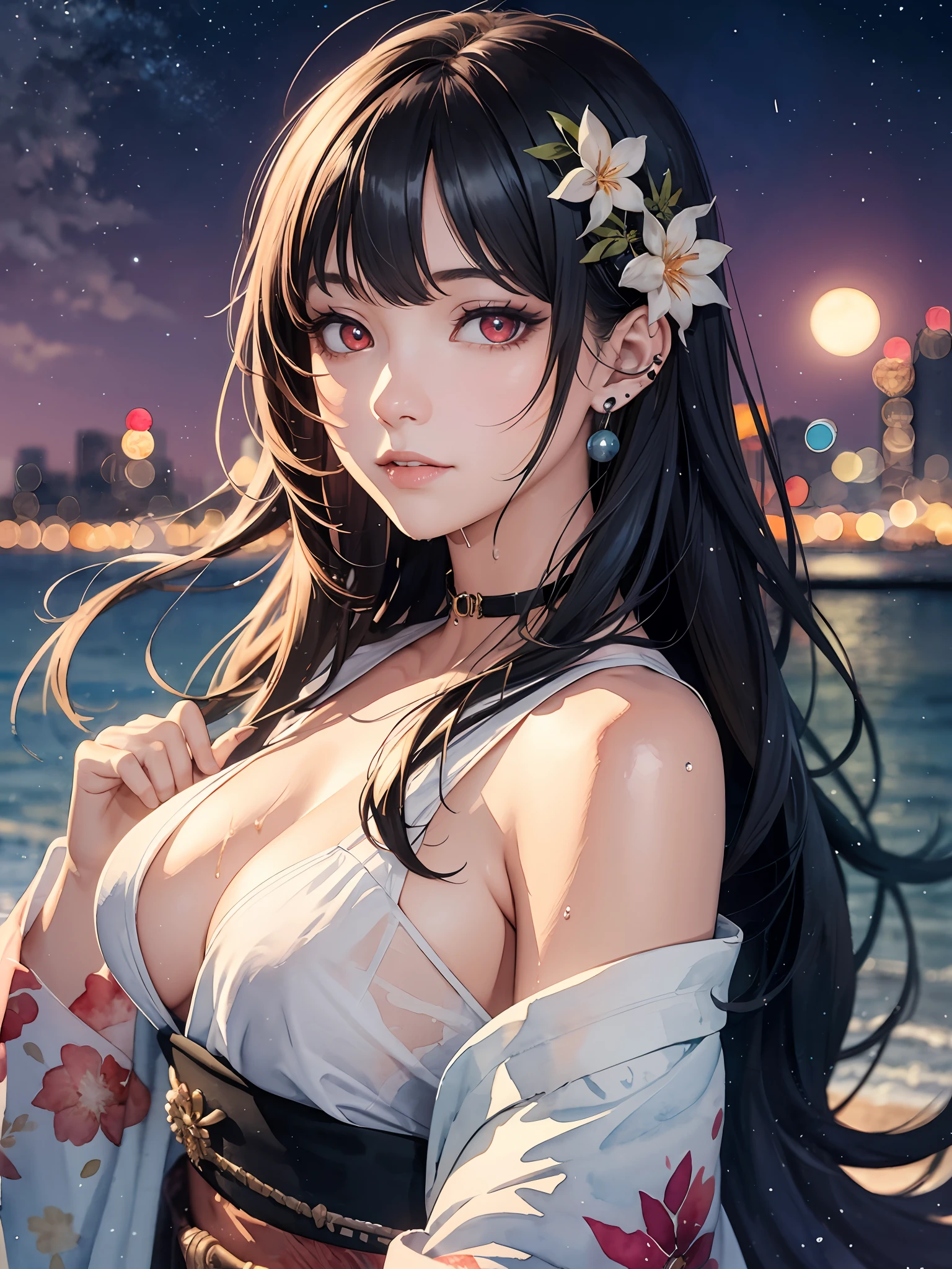 extremely detailed body,girl,woman,female,mature,30 years old,long hair,bangs,streaked hair,black hair,shiny hair,beautiful detailed cold face,cold smile,bright pupils,bare_shoulders,medium_breasts,(red eyes),hair_flower, kimono,Lots of piercings,night,beach,beautiful detailed sky,moon,moonlight,cold light, bokeh,(((Watercolor Techniques))),wet,Unreal Engine,digital art,extremely detailed CG unity 8k wallpaper,