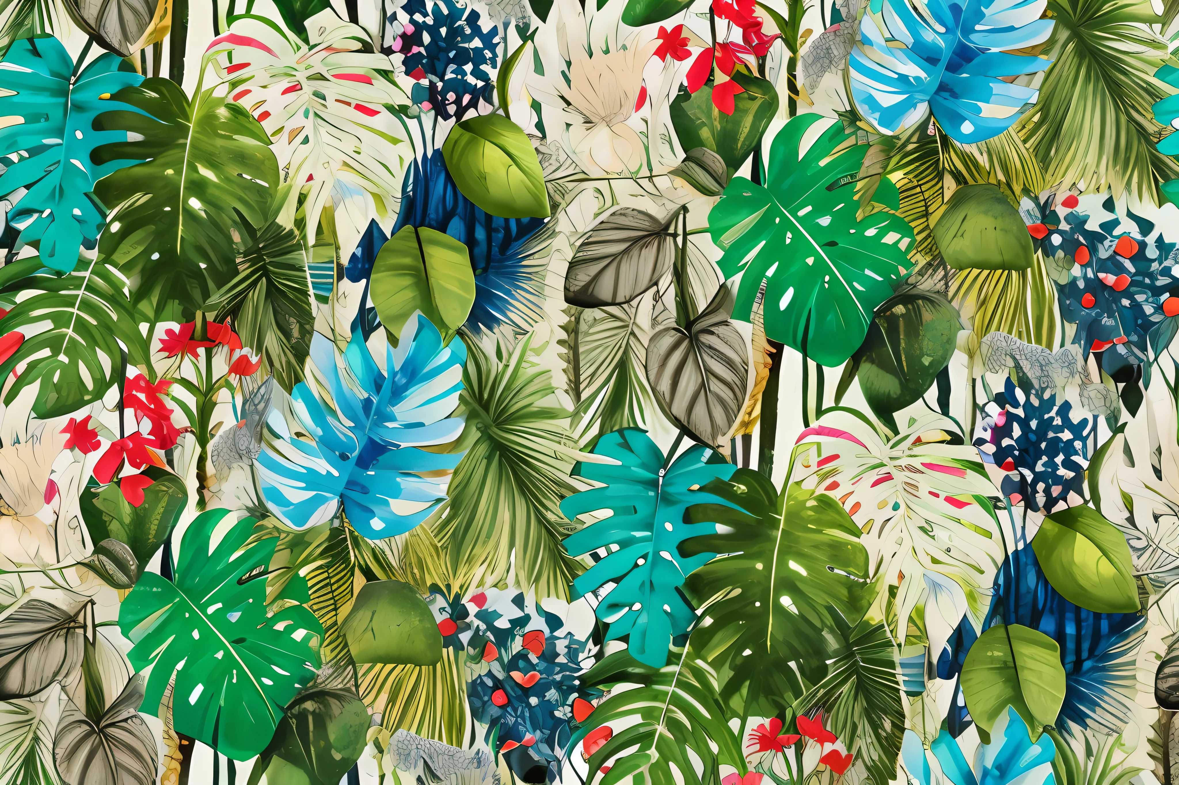 um close up de um tecido colorido de estampa tropical com muitas folhas, plantas por todo o lado, selva colorida, selva tropical, floresta tropical, folhas tropicais, Plantas tropicais, botanic foliage, Plantas e selva, selva exuberante, tropics, Tropicalismo, folhagem tropical, plantas tropicais coloridas, selva densa, elegantes estampas tropicais, selva, tropical, vibrant vegetation, natureza da selva, Floresta