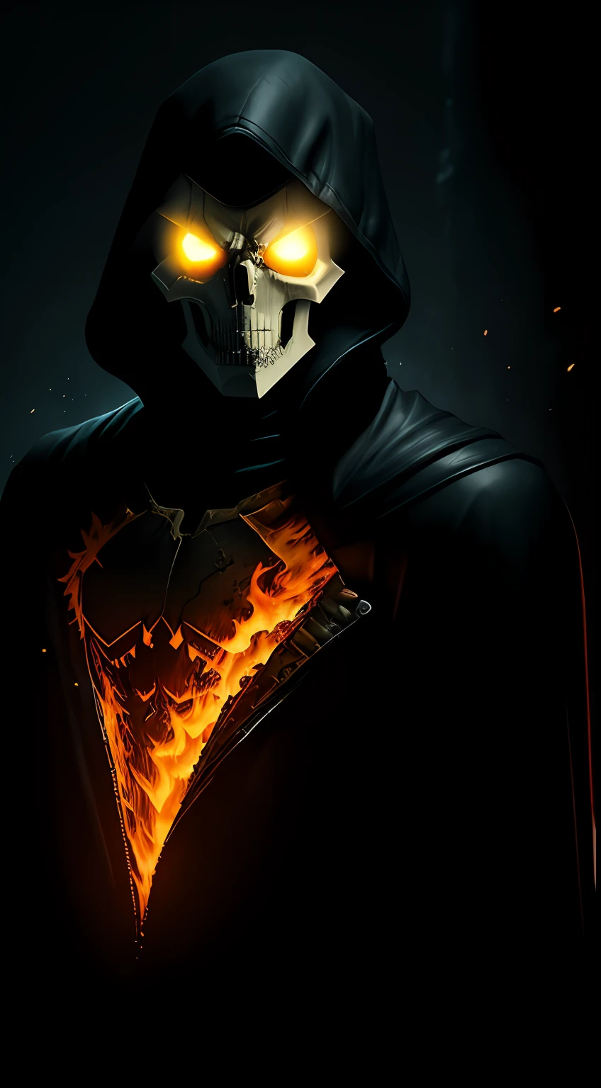 (dark shot: 1.1), epic realistic, Ghost Rider in the dark with glowing eyes and glowing cape, soft cinematic light, Adobe Lightroom, darkroom, HDR, intricate, highly detailed, (depth of field: 1.4), hyper-detail (artstation: 1.4), cinematic, warm light, dramatic light (complex details: 1.1)
