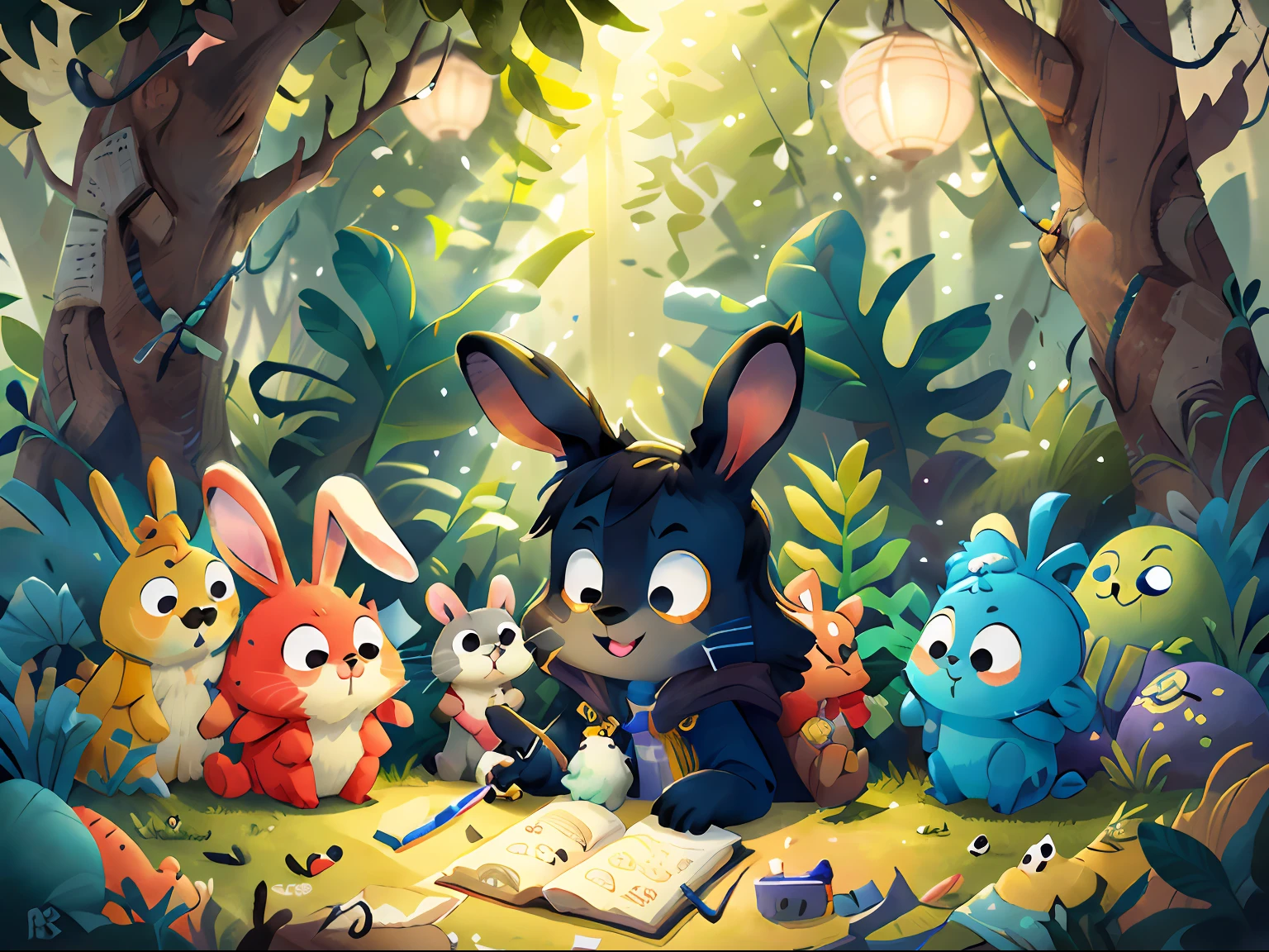 Create a 3D image of billy the curious rabbit and his friends in the enchanted garden with different backgrounds in the background for a detailed background children's ebook, obra-prima, melhor qualidade, sorriso, ornamento, capuz, retrato, neon azul, graffiti, escuro, noite, olhos brilhantes, luz negra