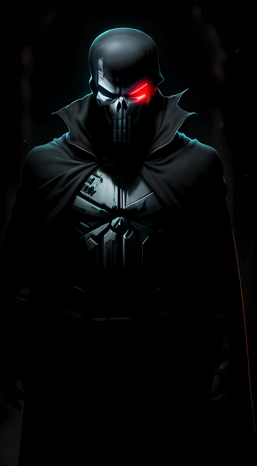 (dark shot: 1.1), epic realistic, Punisher in the dark with glowing eyes and glowing cape, soft cinematic light, Adobe Lightroom, darkroom, HDR, intricate, highly detailed, (depth of field: 1.4), hyper-detail (artstation: 1.4), cinematic, warm light, dramatic light (complex details: 1.1)