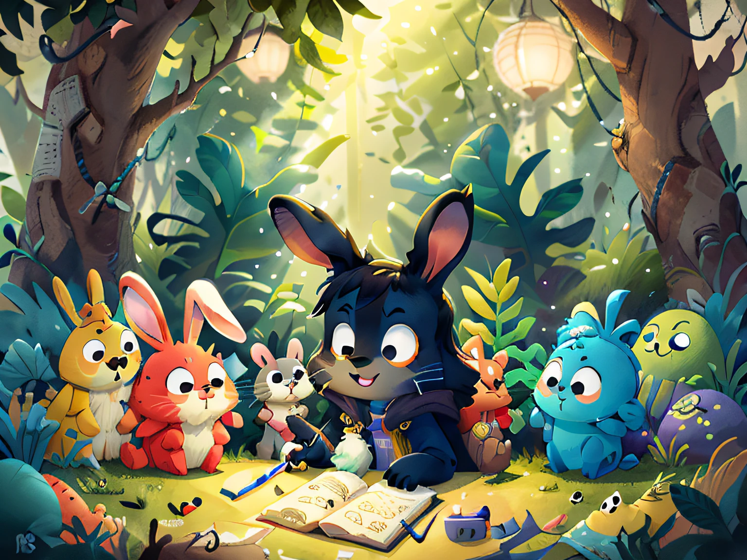 Create a 3D image of billy the curious rabbit and his friends in the enchanted garden with different backgrounds in the background for a detailed background ren's ebook, obra-prima, melhor qualidade, sorriso, ornamento, capuz, retrato, neon azul, graffiti, escuro, noite, olhos brilhantes, luz negra