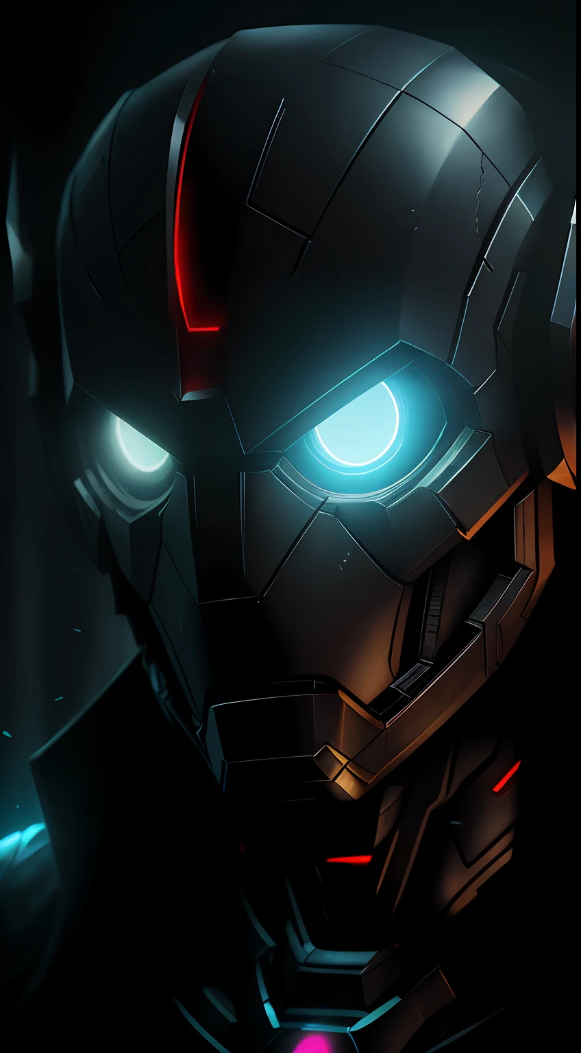 (dark shot: 1.1), epic realistic, Ultron in the dark with glowing eyes and glowing cape, soft cinematic light, Adobe Lightroom, darkroom, HDR, intricate, highly detailed, (depth of field: 1.4), hyper-detail (artstation: 1.4), cinematic, warm light, dramatic light (complex details: 1.1)