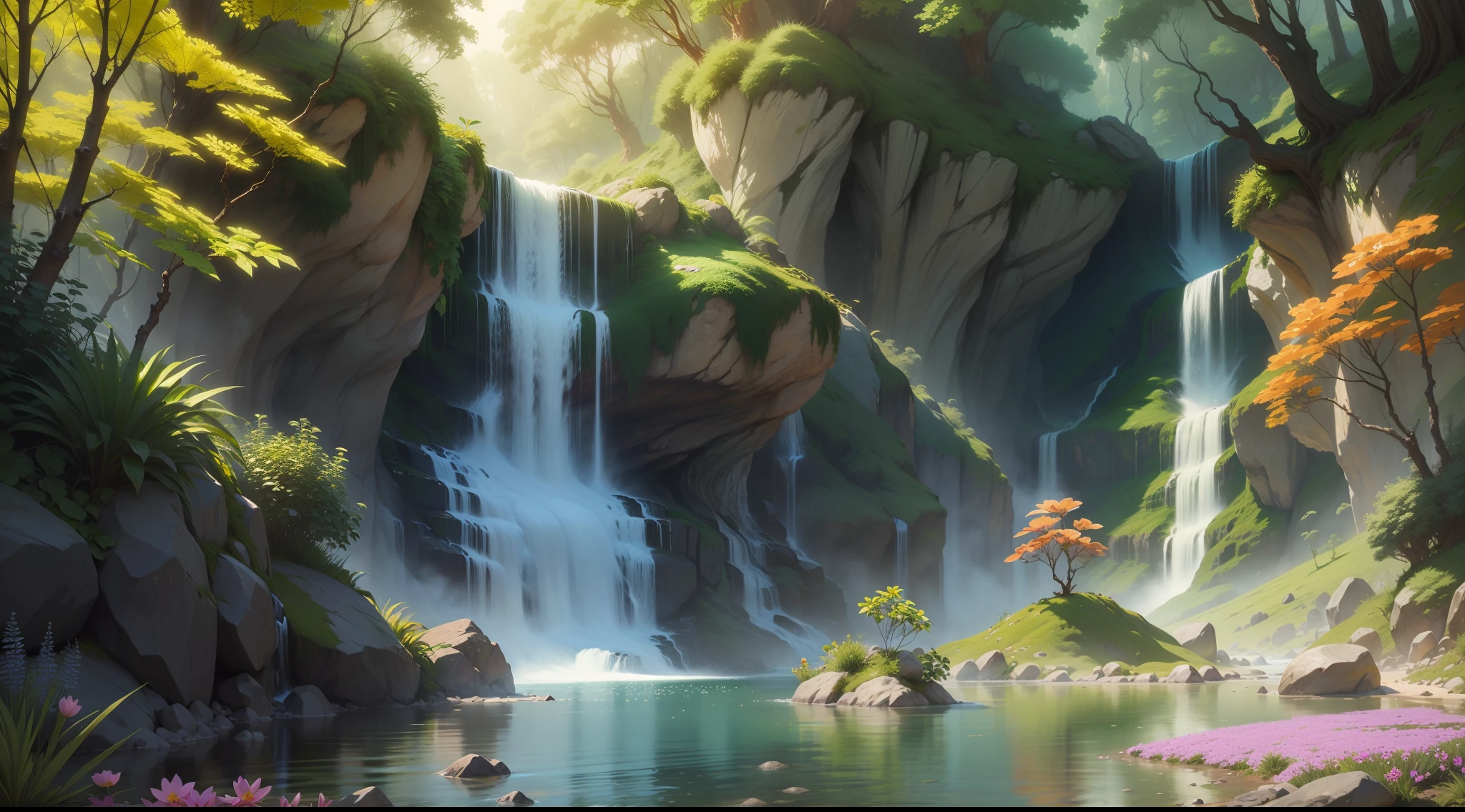"magnificent enchanted forest full of lush vegetation, crystalline stream and vibrant flowers galore. The scenery is completed by a majestic waterfall and impressive sun rays. - estilo realista"