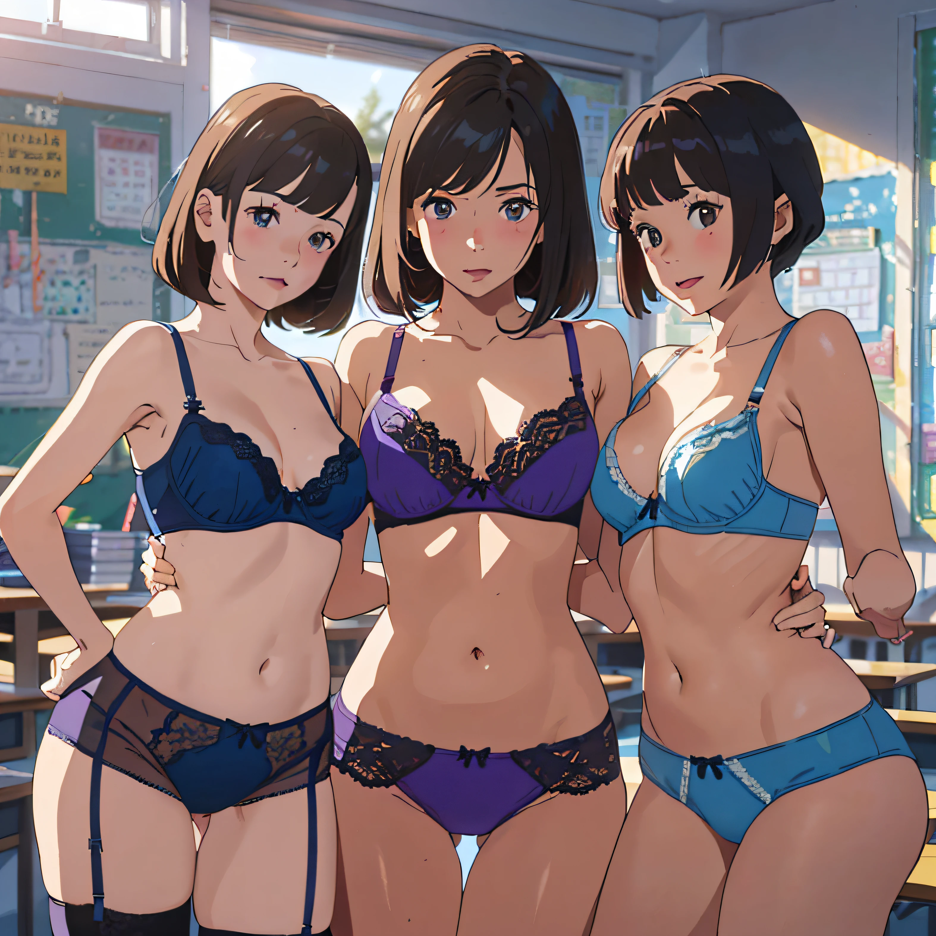 Unbelievably ridiculous)))、((absurdist))、Anime style、(one adult female teacher and three little boys),Standing together in the park,With one female teacher3Male elementary school student is together、((Female teacher in lingerie))、((Pante)),((bura))、an lingerie、3Male elementary school students wear casual clothes、,(big buttock:1.2),bob cuts, ponie tail、Neon cord armpit height bra、 T-Back Shorts、Purple × Blue Bra、Purple × blue underwear、Orange bra、Orange underwear、Red underwear、Red underwear、Blue Bra、blue undergarments、Longhaire、Natural lighting,(Female teacher without skirt),(Female teacher without blouse), --auto --s2