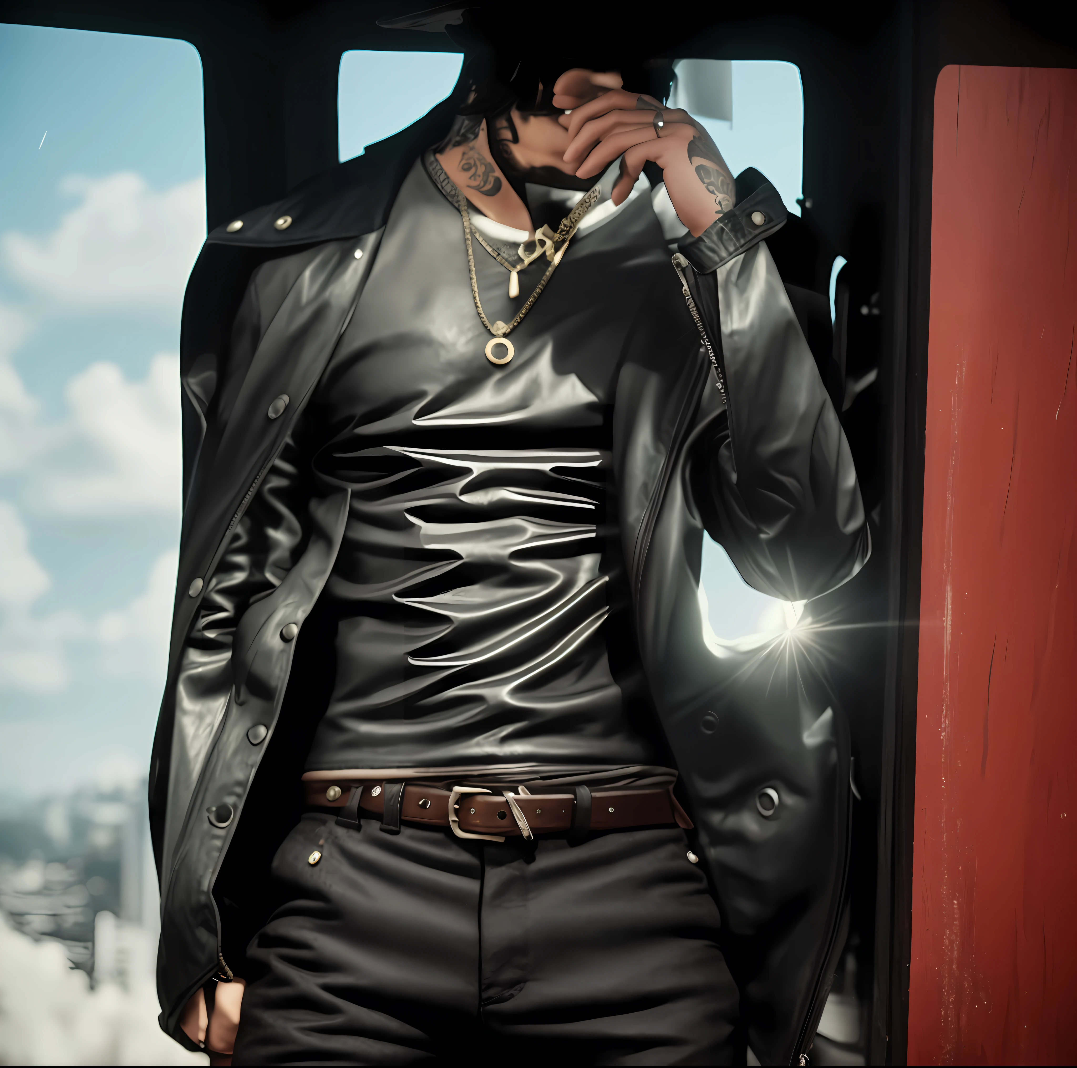 there is a man with tattoos on his arms and a leather jacket, IMVU, avatar da parte superior do corpo, Avatar do Second Life, inspirado em Gang Se-hwang, inspirado em Sebastian Vrancx, one-room scenario, janela para a rua com muita chuva, (chuva realista) inspirado em Aleksander Gine, inspirado em Ren Bonian, camisa cinza:: Very high detail, macho malvado desonesto, (RAW foto: 1.2), (fotorrealista: 1.4), (detalhes intrincados: 1.2), (obra-prima: 1.3), (melhor qualidade: 1.4), (ultra highres: 1.2), cinema light, ultra alta realista, (olhos detalhados), (features detailed facials), (detailed features of the outfit),HDR, 8k resolution, (extreme detailed illustration), (extreme detailed illustration), retrato de corpo inteiro, lente de 50mm, abertura f/4, (super detalhe), 8mm film grain