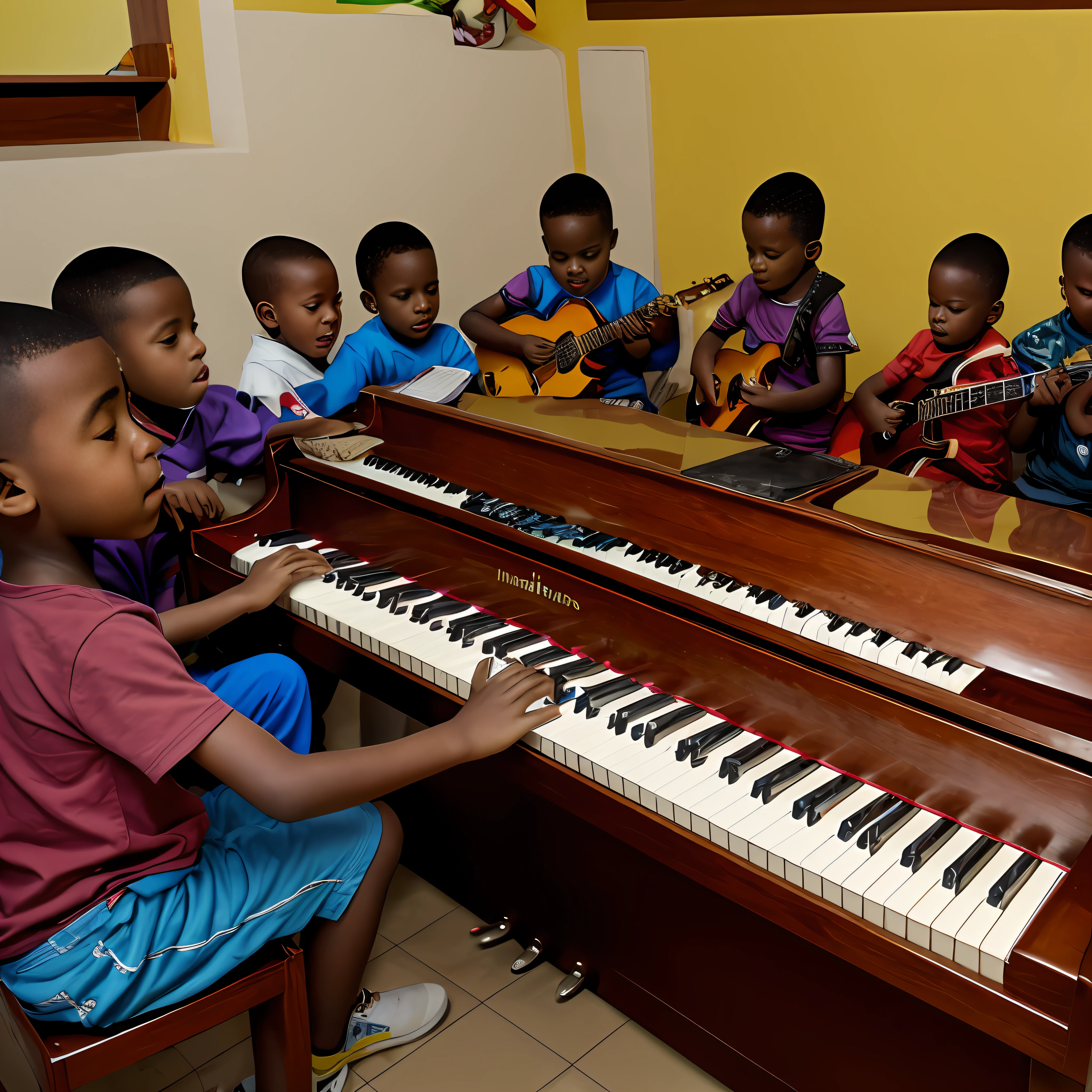 s africanos tocando piando e vocalista, Banda Musical Infantil Africana, guitarra de piano