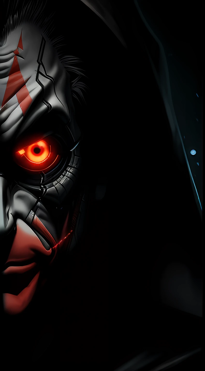 (Dark shot: 1.1), Epic Realistic, Terminator Joker in the dark with glowing eyes and glowing cape, soft cinematic light, Adobe Lightroom, photolab, HDR, intricated, Highly detailed, (dof: 1,4), hyper-detail (artstation: 1,4), cinematic, warm lights, Dramatic light (intricate details: 1,1)