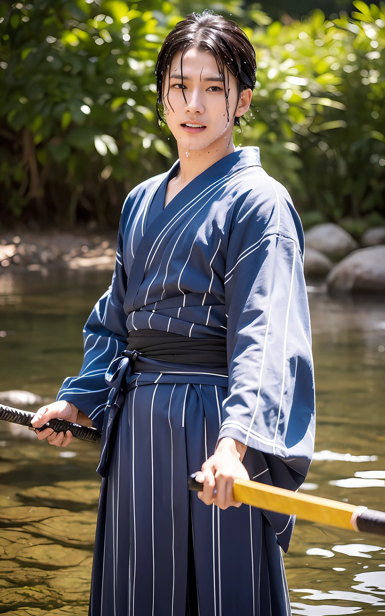 (Photorealistic: 1.2, Best Quality, 8k, Wet: 1.3), (Man, 20 years old, Soji Okita, Yukata, Sword Waving, Dynamic Pose, Samurai, Sweat: 1.2, Wet: 1.2), Actor, Muscle, Long Hair, (Film Lighting), Tan, Soft Light, Double Eyelids, (Seductive), (((excited))
