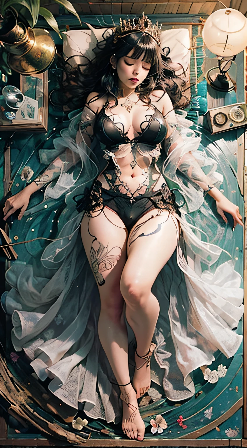 Sleeping Beauty, by Bella🦋 full body, beautiful girl sleeping, room with mirror, girl sleeping on bed and sheets, old clock and lamp on table, full body, black hair, Transparent clothing,open legs, view of pubic hair, 1 sexy girl in transparent forest clothes,exposed breasts, open transparent t-shirt,mandala and flower tattoos, La mejor calidad, Obra maestra, llustration, muy delicado y hermoso, muy detallado, CG, Unidad, Fondo de pantalla de 8k, ridiculous, huge filesize, lente muy ancha, Luz suave,Sleeping Beauty, by Bella🦋 full body, beautiful girl sleeping, full body, black hair, Transparent clothing, slight smile,, open legs, view of pubic hair, 1 sexy girl in transparent forest clothes,exposed breasts, open transparent t-shirt,mandala and flower tattoos, La mejor calidad,